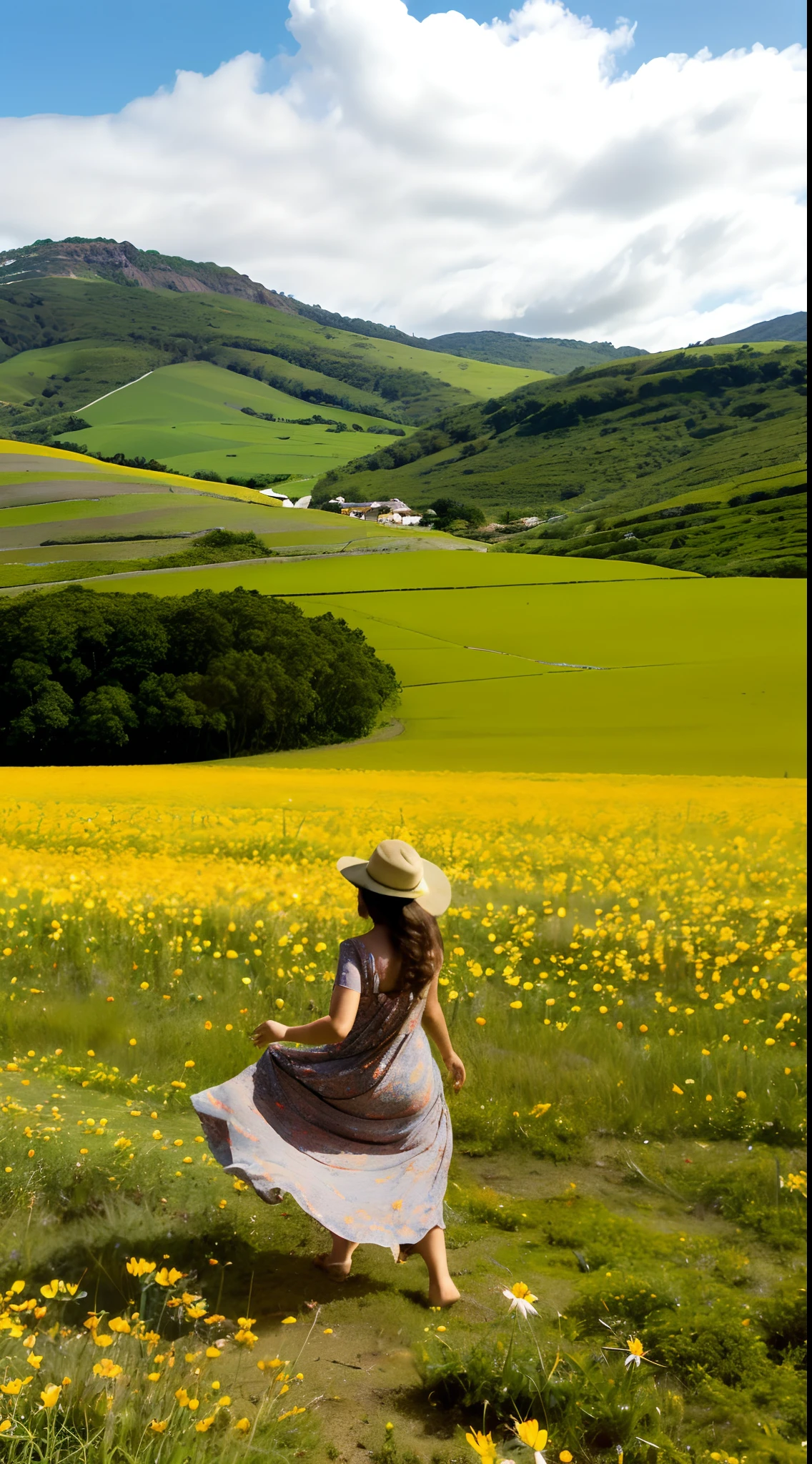 Create a high-resolution 1-minute video of a girl walking in a flowery field. A garota tem cabelos longos ao vento e usa um vestido rodado estampado. She twirls and dances across the open field full of wildflowers like daisies, Poppies and lilies in a variety of colors. Borboletas voam ao redor dela. Ao fundo, Green hills can be seen. A garota aparece ora em close, ora em plano aberto, andando e girando pelo campo. The sky is clear blue with some clouds. The camera makes smooth movements, acompanhando os movimentos da garota. The soundtrack is a joyful and ethereal song. Video conveys lightness, alegria e liberdade."