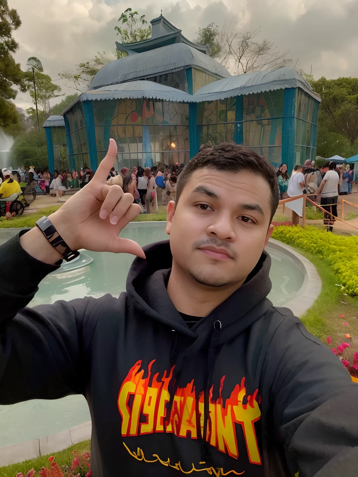There's a man who's standing in front of a fountain, Parque em segundo plano, foto de 2022, Chamas ao fundo, imagem de qualidade muito baixa, inferno no fundo, foto de perfil 1024px, taken in the early 2020s, em frente a um fundo de floresta, The background is on fire