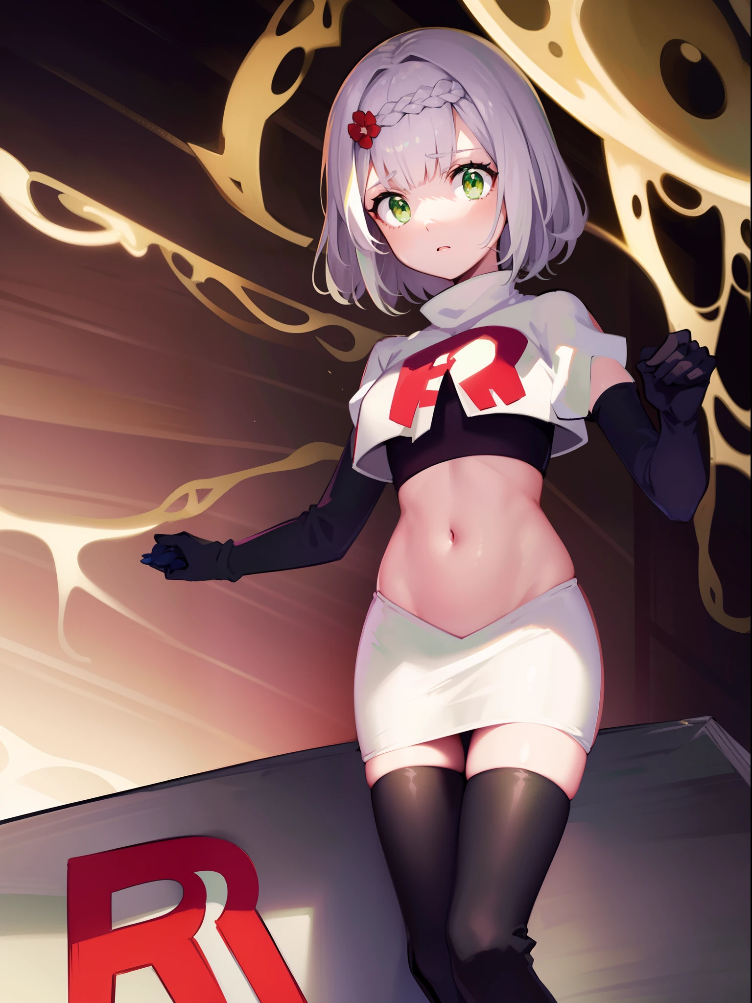 genshinnoelle, noelle, braid, flower, hair flower, hair ornament, short hair, silver hair, (green eyes:1.5),team rocket,team rocket uniform,white skirt,crop top,black thigh-high boots,black elbow gloves,