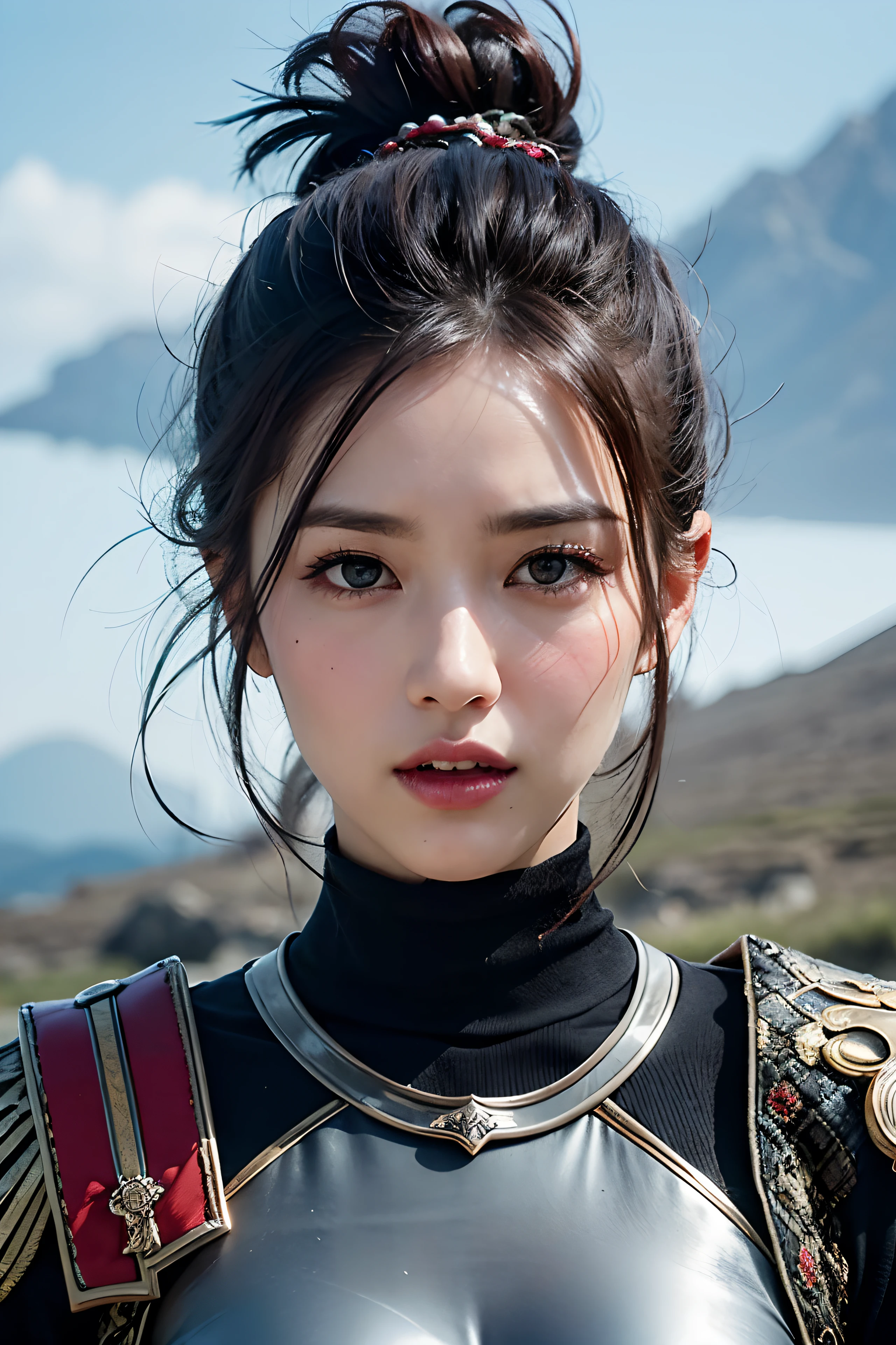 model shoot, (1 woman 30 years old), Islamic warrior, hyper realistic, super detailed, Dynamic shot, masterpiece, scene sharp détails, perfect eyes, perfect hands, perfect skin, fierce leader, battle field, headpiece, messy hair, ponytail, angry, looking at viewer, mountain