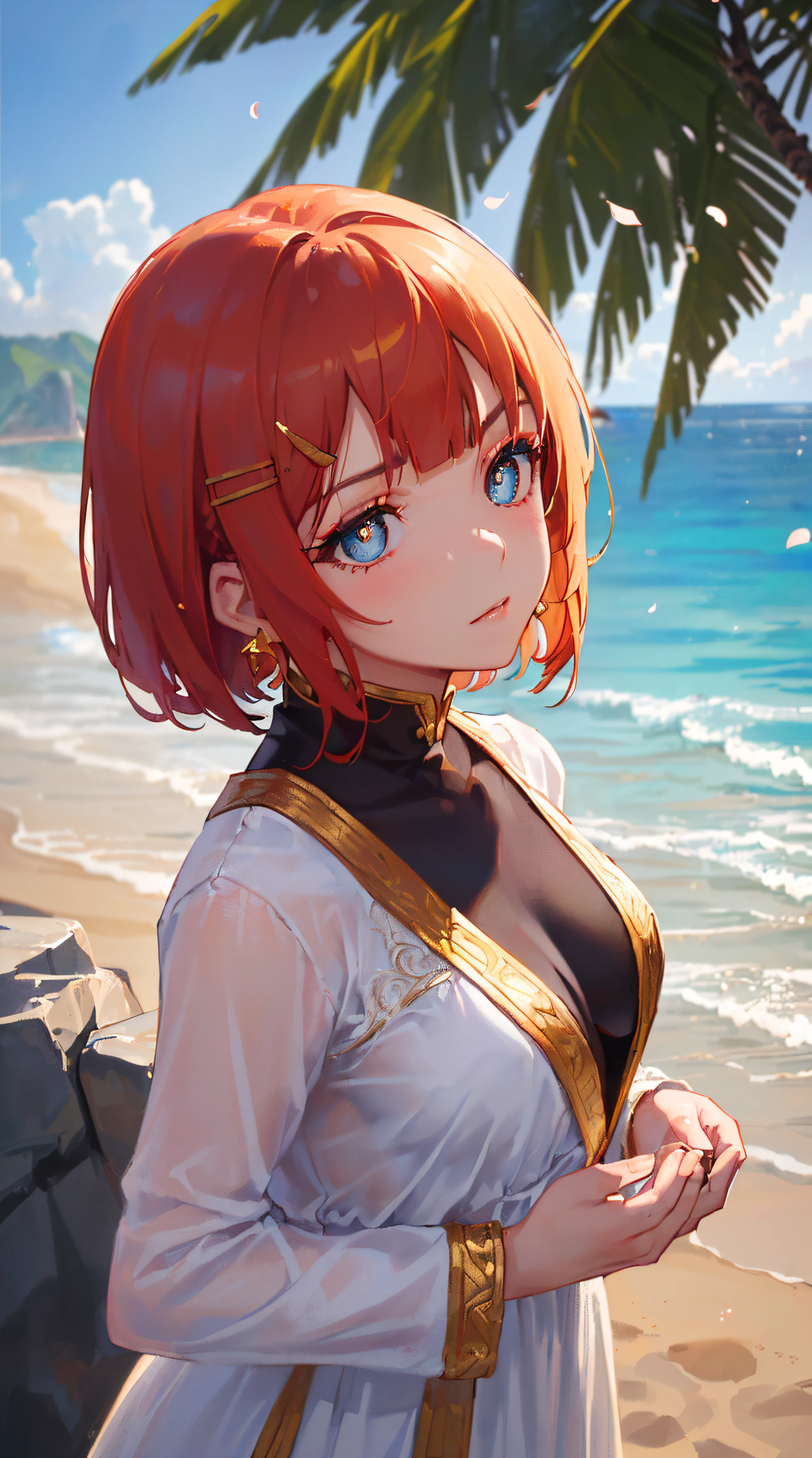 ((((summer theme,meticulous portrayal of face，1 noblewoman，a matural female)))),(dark night background+,perfect background)，Prom，Court etiquette，  s the perfect face， Perfect lips， perfect  eyes,)(((coast style,red hair,large white labcoat,no bra,tennis dress)))，((1lady,adorable korean mixed race of Saudi Arabia girl，rosto magro，Solo,simple makeup,smug,))(Masterpiece,Best quality, offcial art, Beautiful and aesthetic:1.2),((超高分辨率,Golden ratio,)) (16k),((((coast,beach,intense shadows,strong rim light,))))((melon face，from above，1JK)),(Physically-based rendering),Amazing,Sharp focus, (((highdetailskin,))),Intricately detailed clothing，red pupils,red hair,Hexagram pupils,intricate pupils,((((detailed hair|short hair|long bangs|blunt bangs)))),((Slender,))(masterpiece sidelighting),(The sheen),(beautiful hair,beautiful eyes,）[[Delicate fingers and hands:0.55]::0.85],(Detail fingers),(((Superior quality)))),((unbelievable Ridiculous,)),((extremely_Detailed_Eyes_and_face)),Movie girl,(Dynamic configuration: 1.2),Brilliant,Beautiful lady, (Photorealistic),( coconut trees,), mitts, triangle crystal earrings, ((hairclip)), Light particles, view to the sky,  petals, Side Rock,, two-sided fabric