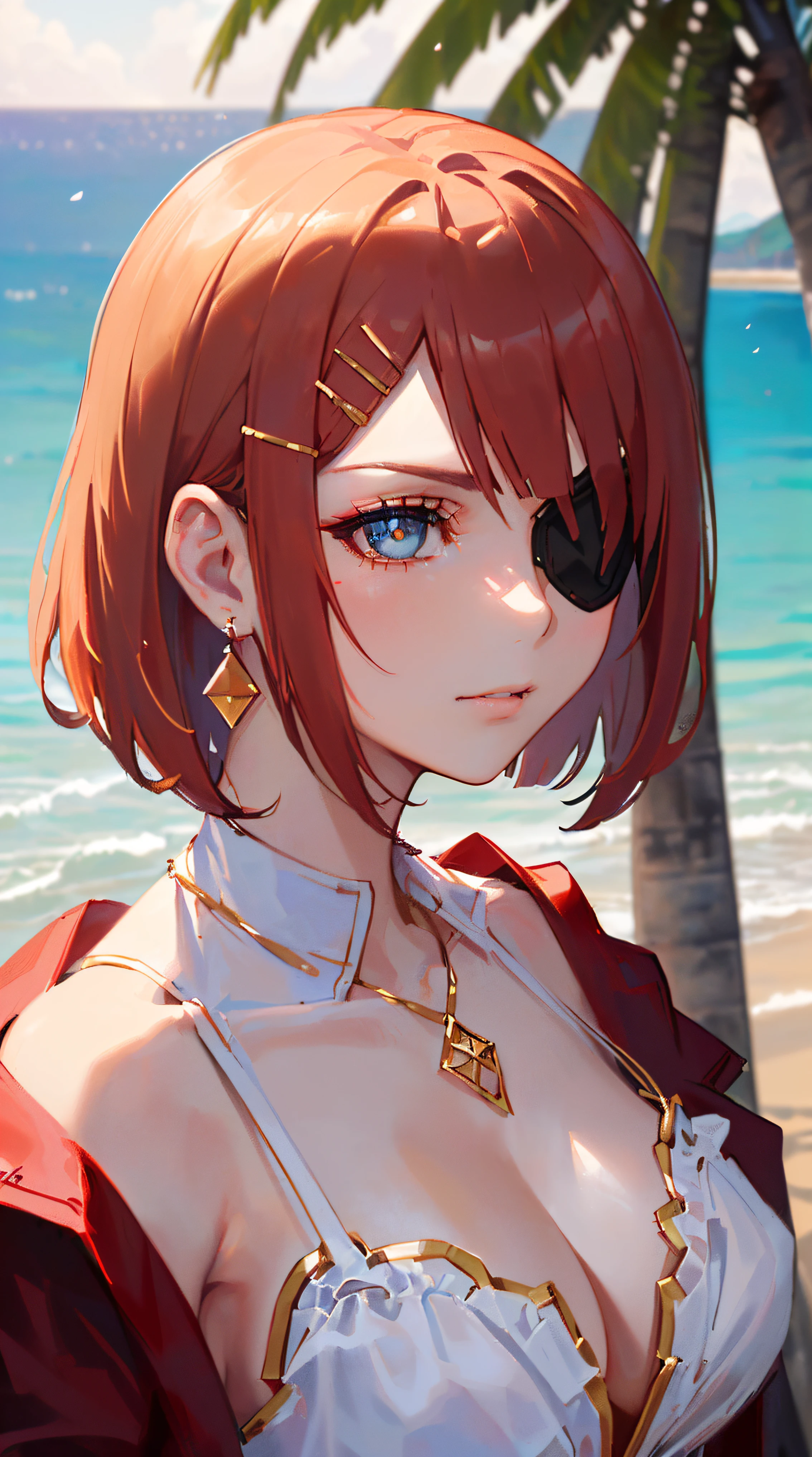 ((((summer theme,meticulous portrayal of face，1 noblewoman，a matural female)))),(dark night background+,perfect background)，Prom，Court etiquette，  s the perfect face， Perfect lips， perfect  eyes,)(((coast style,red hair,large white labcoat,no bra,tennis dress,eyepatch)))，((1lady,adorable korean mixed race of Saudi Arabia girl，rosto magro，Solo,simple makeup,smug,))(Masterpiece,Best quality, offcial art, Beautiful and aesthetic:1.2),((超高分辨率,Golden ratio,)) (16k),((((coast,beach,intense shadows,strong rim light,))))((melon face，from above，1JK)),(Physically-based rendering),Amazing,Sharp focus, (((highdetailskin,))),Intricately detailed clothing，red pupils,red hair,Hexagram pupils,intricate pupils,((((detailed hair|short hair|long bangs|blunt bangs)))),((Slender,))(masterpiece sidelighting),(The sheen),(beautiful hair,beautiful eyes,）[[Delicate fingers and hands:0.55]::0.85],(Detail fingers),(((Superior quality)))),((unbelievable Ridiculous,)),((extremely_Detailed_Eyes_and_face)),Movie girl,(Dynamic configuration: 1.2),Brilliant,Beautiful lady, (Photorealistic),( coconut trees,), mitts, triangle crystal earrings, ((hairclip)), Light particles, view to the sky,  petals, Side Rock,, two-sided fabric