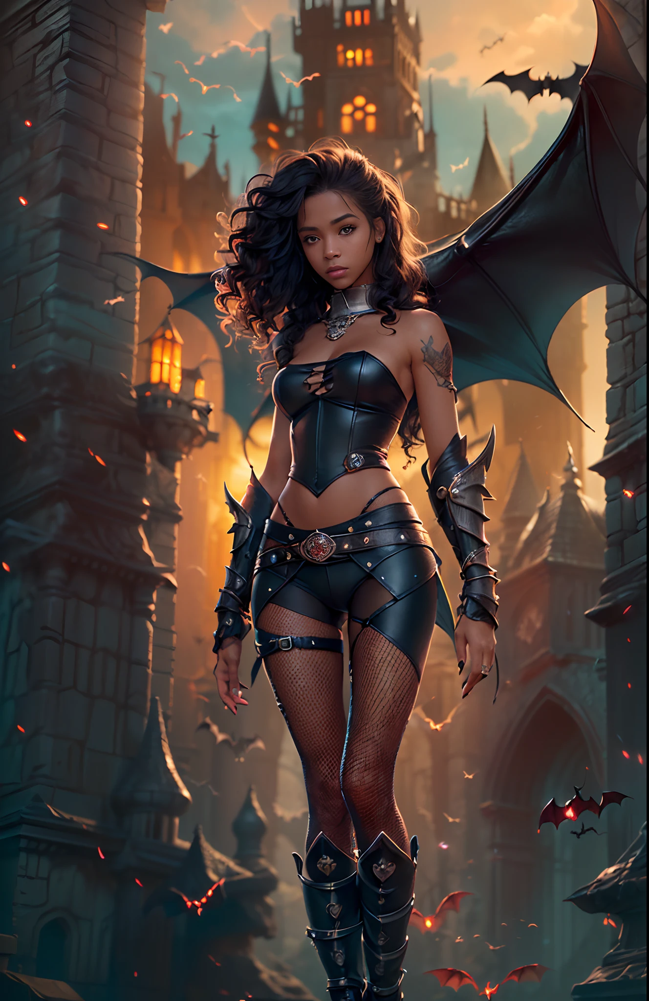 Rihanna as a giant 50-meter-tall Titan, She has two demon horns on her head and demon wings on her back, ultra puissante, ville en ruine post-apocalyptique