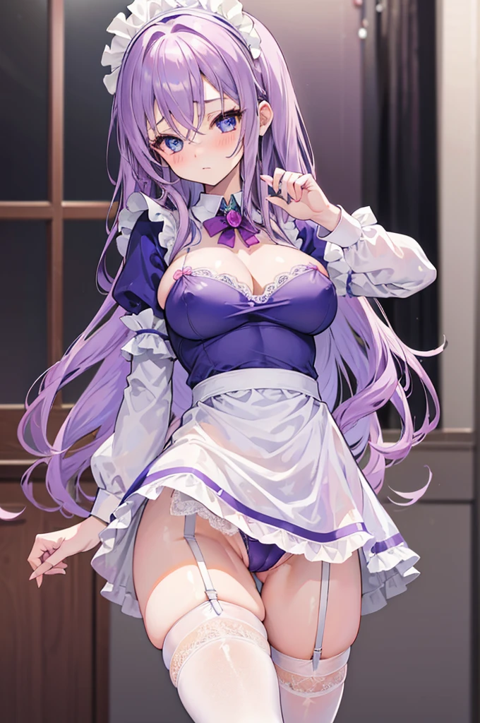 1 girl, light purple hair, wavy hair, blue eyes, small eyes, mature face, dropping eyes, big breasts, cameltoe, blurry background, blushed, pepperoni nipples, erect nipples, areola slip, maid uniform, micro mini skirt, garter belt