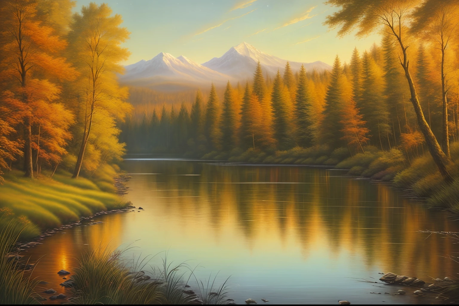 (best quality, hyper-realistic, hyper-detailed:1.2), group of friends camping in the middle of the forest, with a river on the side of the image, textured oil painting, vibrant colors, golden-hour lighting, friends enjoying a bonfire, tents surrounded by tall trees, detailed grass and foliage, sparkling river water, smoke rising from the fire, shadows cast by the trees, serene atmosphere, clear starry sky, peaceful and relaxed expressions on their faces.