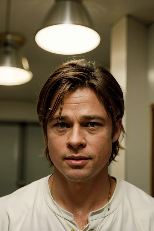 Create an image that portrays Brad Pitt in the role of Billy Beane, the general manager of a time base. Highlight your determination and leadership.