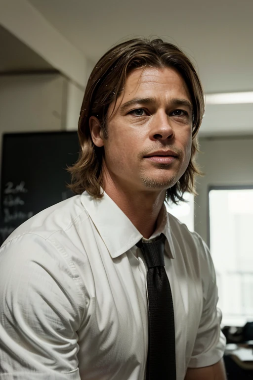 Create an image that portrays Brad Pitt in the role of Billy Beane, the general manager of a time base. Highlight your determination and leadership.