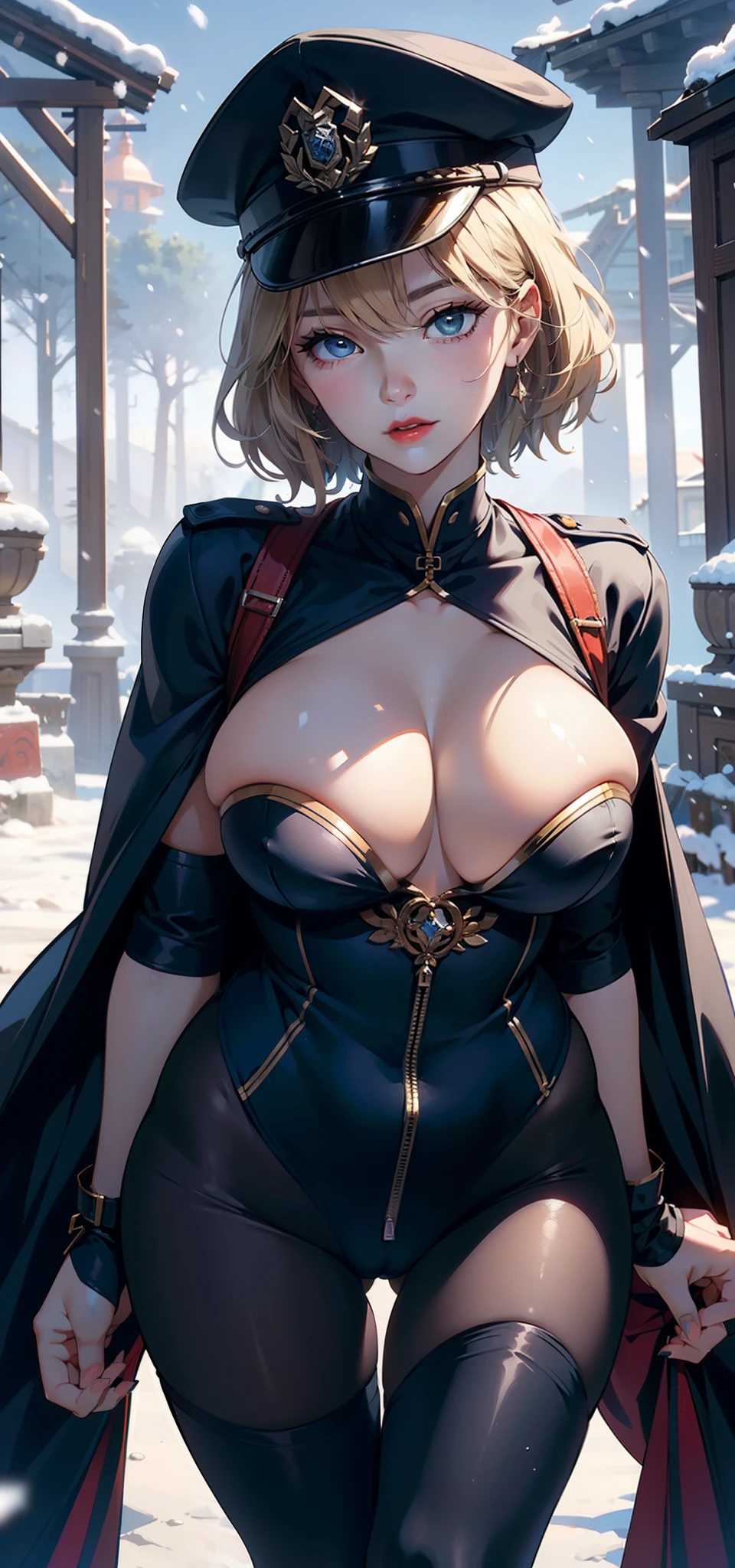 1female,35yo,plumw,extremely large bosom, 独奏,(Background with:ln the forest,Forest path,Deep in the forest,No man's land,)standing on top of a mountain, She has short blonde hair,standing on your feet,Bundled,seen from the front, bobo head, mostly cloudy sky,(((tmasterpiece),(Very detailed CG unity 8K wallpaper),best qualtiy,cinmatic lighting,detailed back ground,beatiful detailed eyes,Bright pupils,Blue eyes,Snow-whiteskin,Redlip(Very fine and beautiful),(Beautiful and detailed eye description),ultra - detailed,tmasterpiece,))facing at camera,A high resolution,ultra - detailed),revealing breasts,Bare genitalia, Bulge,legs are open,Raised sexy,Camel toes,Flushed complexion,Desire for dissatisfaction,frontage,Italy,police officers,police hat,Dark blue police uniform,Black tights,