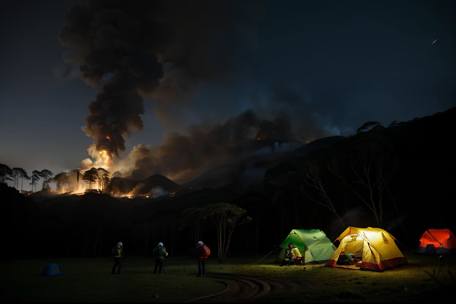 (best quality, hiper-realista, hiper-detalhado:1.2), grupo de amigos acampando no meio da floresta, com um rio ao lado da imagem, golden-hour lighting, amigos curtindo uma fogueira, Tents surrounded by tall trees, grama e folhagem detalhadas, rio, Smoke rising from the fire, seu estrelado