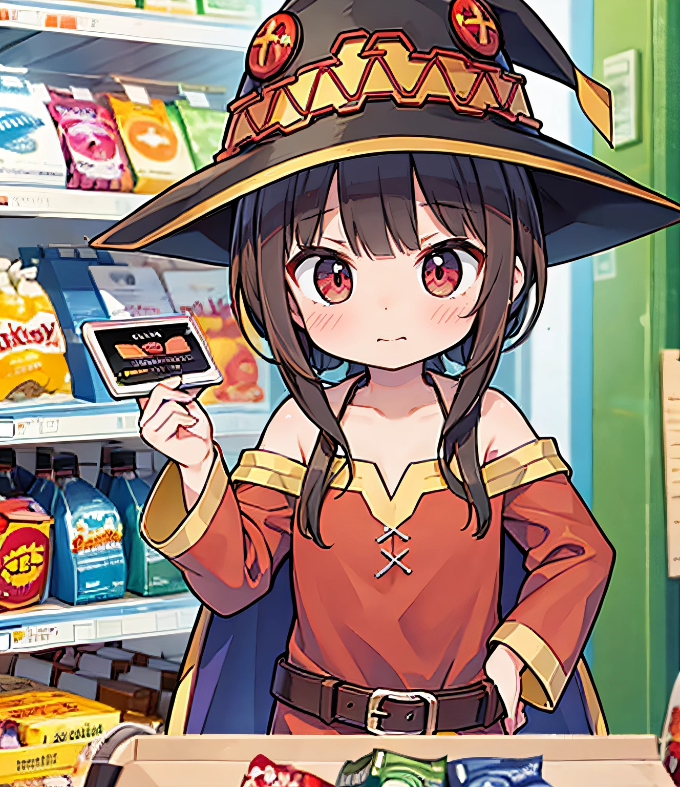 Megumin, red eyes, cabelos curtos, cabelos castanhos,  no shopping, fazendo compras