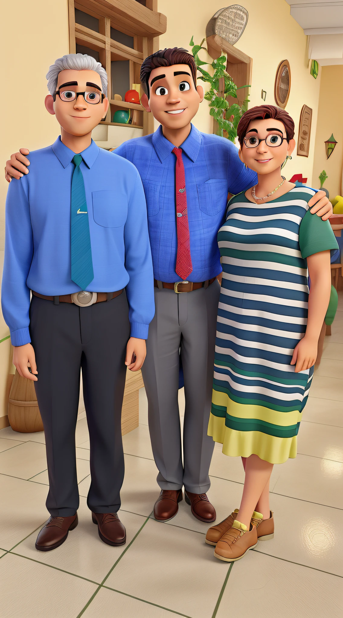 Um velho grisalho do lado esquerdo, Your son in the middle and your mother on the right side, estilo disney pixar, alta qualidade, melhor qualidade