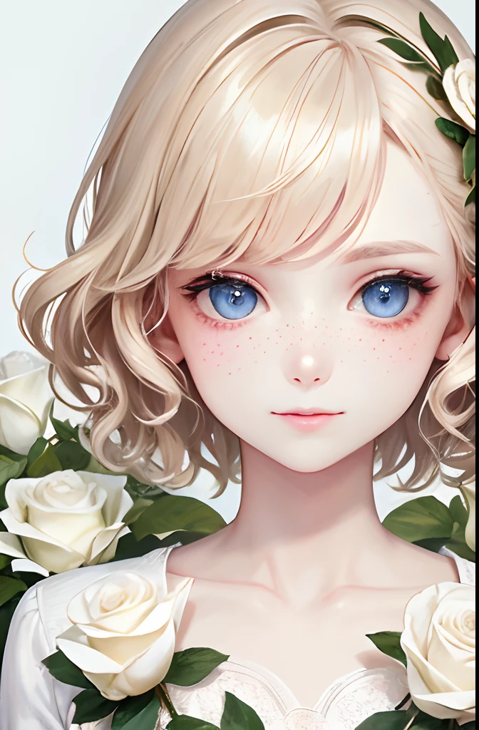 highest quality, pale skin, (face and eyes detail: 1.2), 1 girl, very delicate and beautiful girl, light blond, wavy short hair, blue eyes, snub nose, (slightly childish appearance), ((very beautiful)), ( freckles: 0.7), curls, science fiction, whole body , suffering, smile, luchy, happy, in the roses garden, whole body, with white flowers , white roses,
