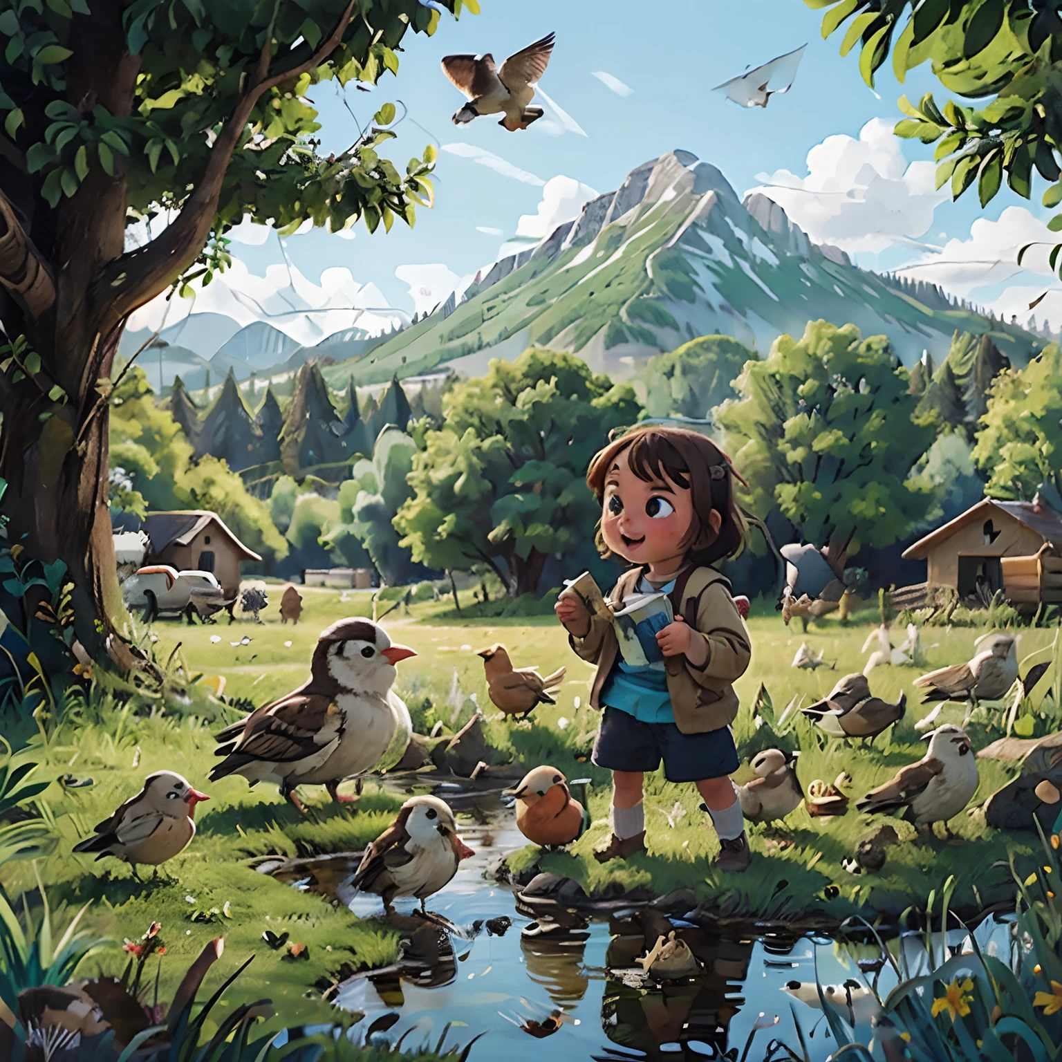 Country side, childrens, birds. rivers, mountain, illustration, playing