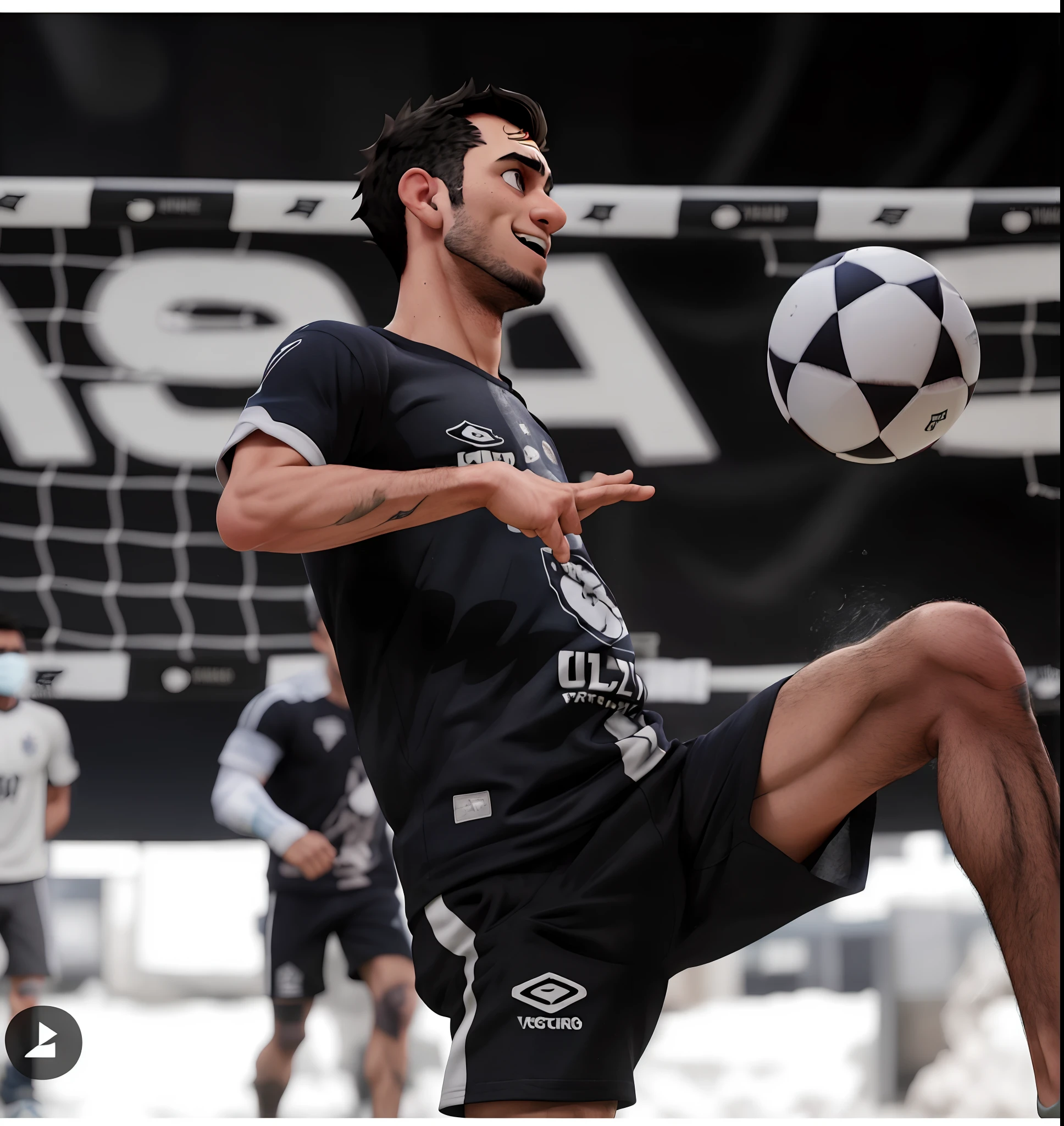 There's a man kicking a soccer ball into a goalkeeper net, tattooed arm, Estilo Mohamed Chahin, caio santos, Mohamed Chahin, Raphael Personnaz, Joel Torres, dynamic action shot, mateus 9 5, jogar futebol, lucas graziano, No estilo de Kyrill Kotashev, instagram post, Directed by: Elias Ravanetti, Directed by: Lucas Vorsterman