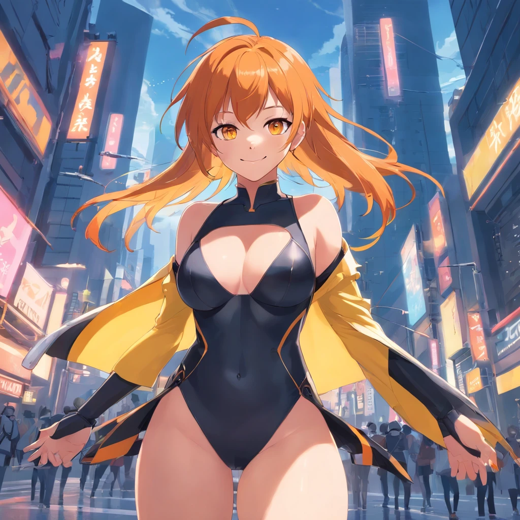 masterpiece、top-quality、1 female、Orange hair、huge tit、Big ass、black rubber suit、yellow eyes、thick thighs、a short bob、wide hips、Thigh muscles、(Spark:0.7)、Perky smile、sano、active、A sexy、Sex appeal
