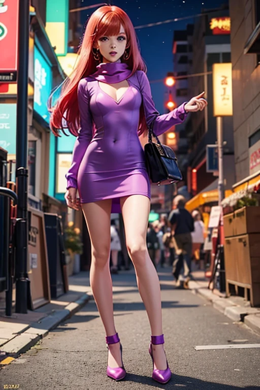 (realistic, high resolution:1.3), 1 vibrant red haired girl with perfect figure, super fine face and eyes, long hair, silk dress: 1.2, violet color, short skirt, city streets, big natural breasts, exposed cleavage, (((orange high heels))), ultra detailed, hyperrealistic, professional, camera canon 5d mkII. lens canon 100-400mm mkII f4.5