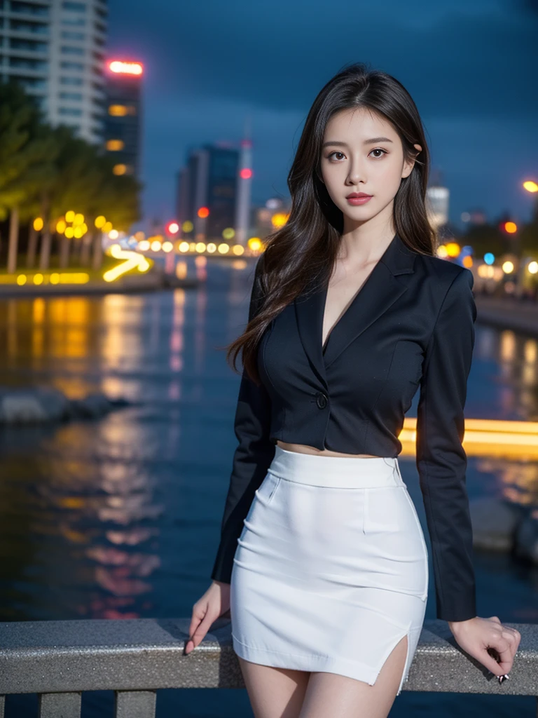 tmasterpiece,Highest image quality,super detailing,(1girll), Beautiful, amazing face and eyes, Makeup, (extremely detailed beautiful face), (The sexiest look), (Beautiful big breasts:1.1), (Best quality:1.4), (Ultra-detailed), (Extremely detailed CG unified 8K wallpaper), Highly detailed, RAW photos, Professional photography, ((Business suit)), (Tight skirt), (Open business shirt), Outdoors, (Downtown, Night City, illuminations), (Night sky), depth of fields,