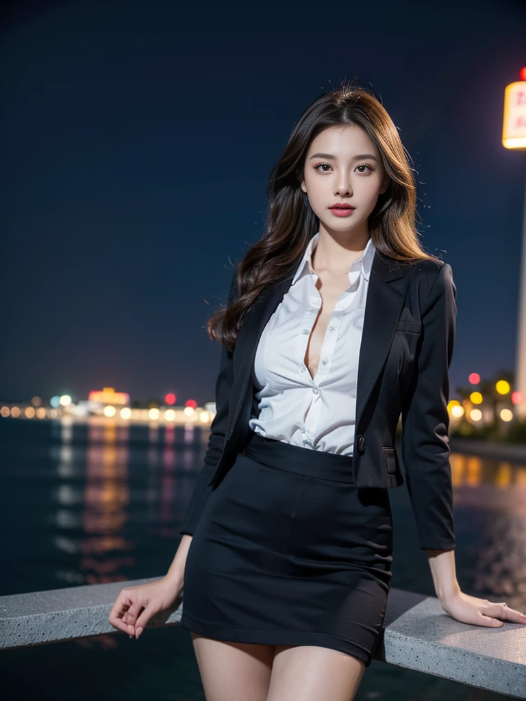 tmasterpiece，Highest image quality，super detailing，(1girll), Beautiful, amazing face and eyes, Makeup, (extremely detailed beautiful face), (The sexiest look), (Beautiful big breasts:1.1), (Best quality:1.4), (Ultra-detailed), (Extremely detailed CG unified 8K wallpaper), Highly detailed, RAW photos, Professional photography, ((Business suit)), (Tight skirt), (Open business shirt), Outdoors, (Downtown, Night City, illuminations), (Night sky), depth of fields,