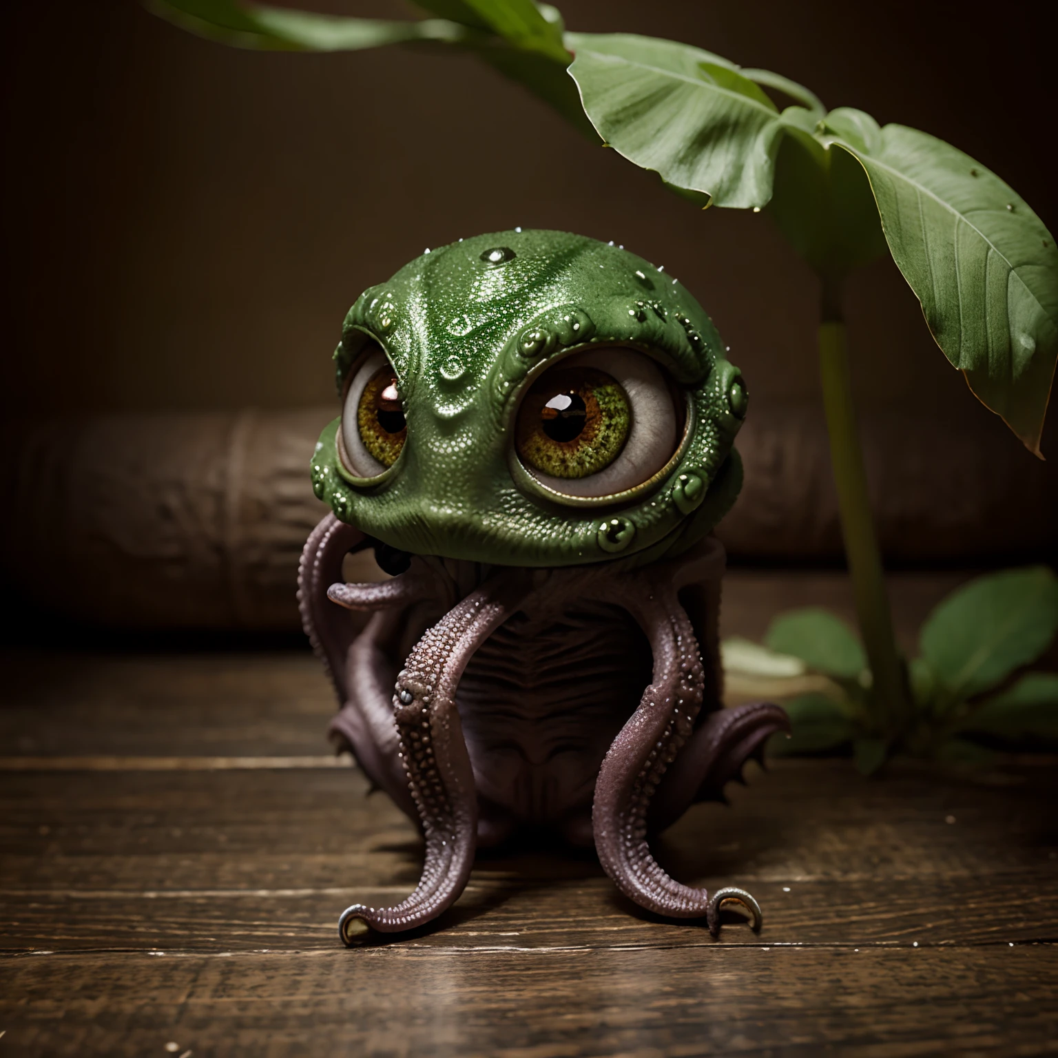 Tiny Cthulhu creature with big eyes and little legs