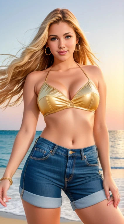 Half-length glamour portrait, nikon D850, f1.6 lens, 200mm, DSLR, 22 Megapixels, (((Sunny terrace overlooking the city rooftops scene))), shot of a stunning 21 years old swedish girl, (smile:1.4), (wearing Metallic gold fringe bikini with ripped denim shorts:1.6), ((seductive pose)), hot girl, (((medium natural breasts))), ((((medium blonde hair)))), (small girl), symmetrical face, photorealistic, photography, (bright natural lighting), gorgeous, deep cleavage, (masterpiece), best quality, high resolution, extremely detailed, cinematic lighting, (((very narrow waist))), rich colors, hyper realistic, lifelike texture, ((jewelry)), (((She has beautiful hands and wears rings))), (bracelet), (necklace), (ankle chain), (nail polish) (earrings), Fuji Superia 200, 8k
