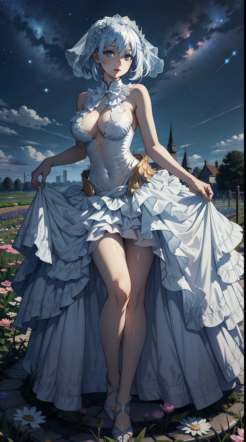 Masterpiece, girl standing on flower field,(showing a beautiful sky full of stars), (wedding dress), sexy, erotic, large breast, dynamic pose, beautiful, red lip, eyeshadow, smile,(full body), white hair