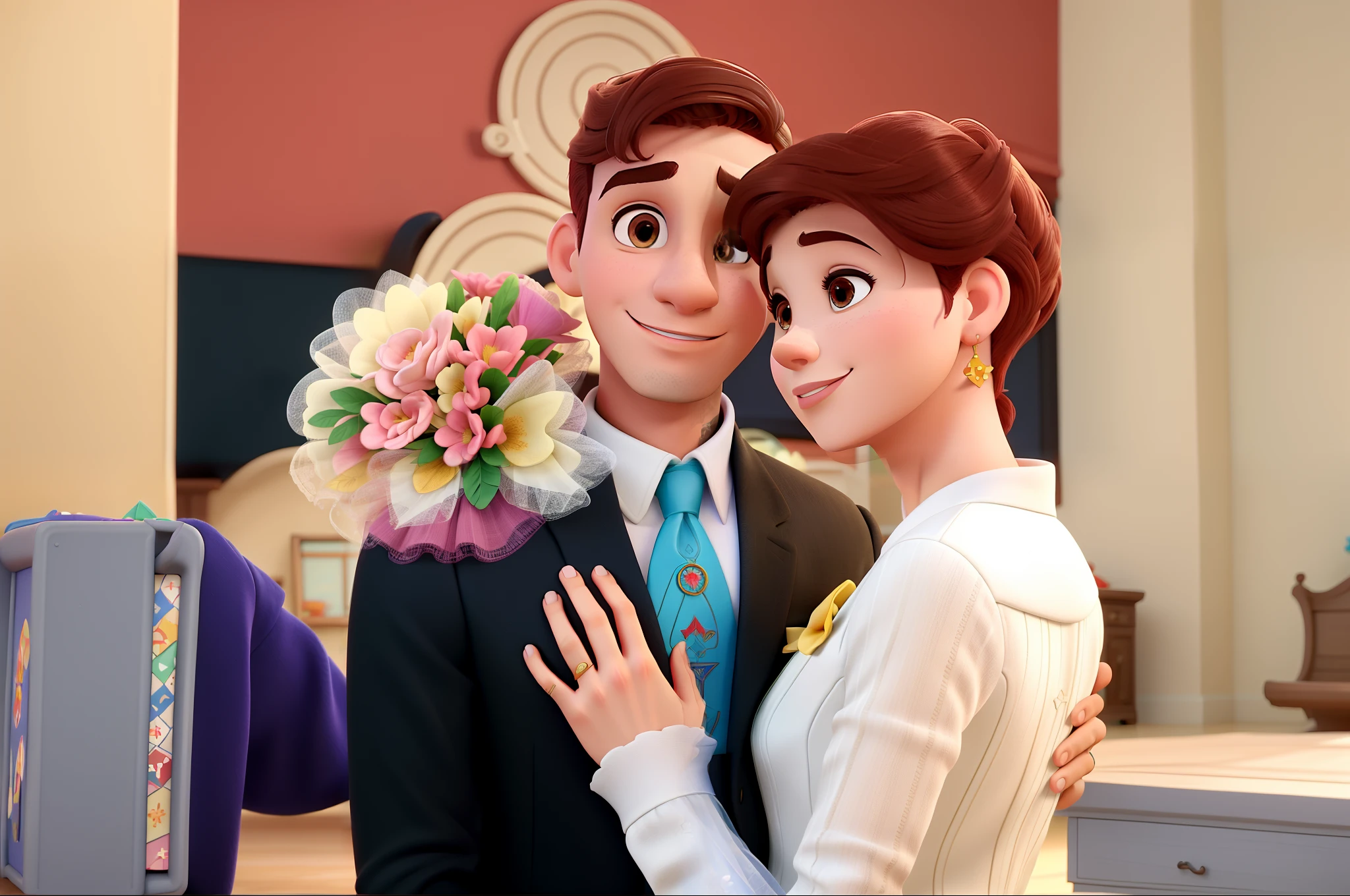 Casal (homem moreno e mulher branca) no estilo Disney Pixar, alta qualidade, melhor qualidade.