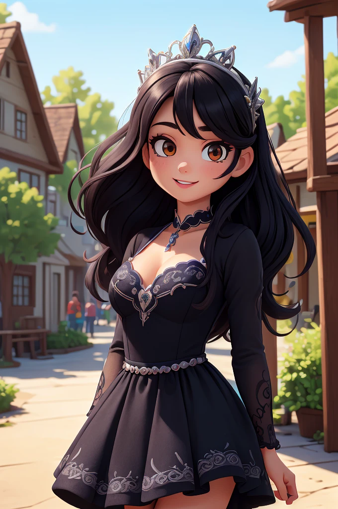 (masterpiece, best quality, ultra detailed), (high detail, hyper detailed), Beautiful 25 year old girl in an amusement park, happy, adult woman body, small breasts, provocative body, black hair, long straight hair slightly tousled at the ends, dressed as a disney princess, black dress with blue details, silver crown, detailed face, clear focus (clutter - house: 0.8), (masterpiece: 1.2) (Realistic: 1.2) (Bokeh) (Best Quality) (Detailed Look: 1.3) (Intricate Details) (8K) (Eye Detail) (Sharp Focus), (sad), (thoughtful) background in a magical fantasy garden