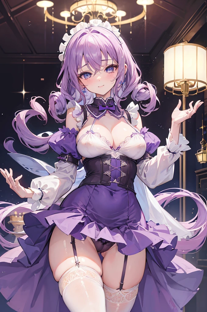 1 girl, light purple hair, curly hair, blue eyes, small eyes, mature face, dropping eyes, big breasts, cameltoe, blurry background, blushed, smile, erect nipples, brown maid uniform, garter belt, long skirt, antique, chandelier, teapot