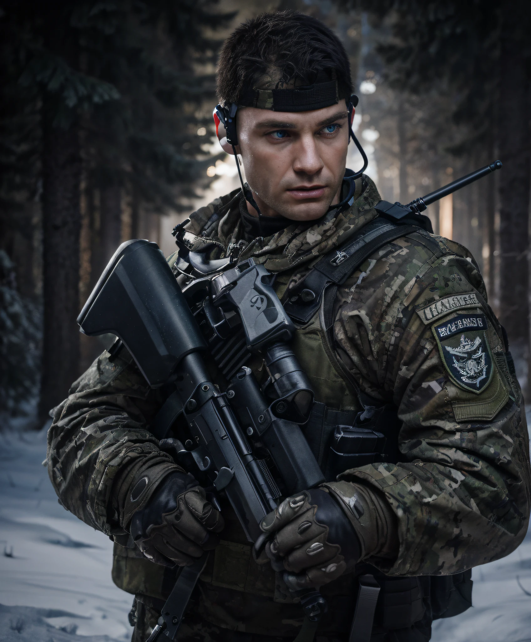 male soldier, British face, rude and angry expression, white skin, blue eyes, very short hair, wears military uniform, blue and gray camouflage uniform, bulletproof vest, headphones, communicator, cables, holds a rifle, black leather gloves, is outside a wild snowy Russian forest, night, dark night, low light, 4k, Ultra detailed image, realistic, Highly detailed, perfect composition, gorgeous, Intricately detailed, incredibly detailed, Art photography 8K, hyper detailed, Masterpiece, Ultra detailed, hyper realistic, 4k, Ultra detailed image, realistic, Highly detailed, perfect composition, beautiful, intricately detailed, incredibly detailed, art photography 8k, hyper detailed, masterpiece
