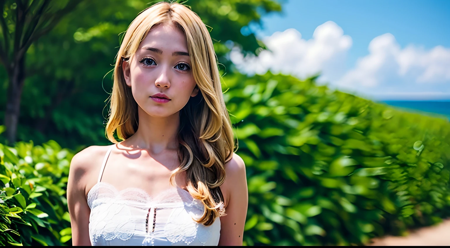 EmmaSano, blonde hair, yellow eyes, long hair, ************, fair complexion, summer dress, detailed face, extremely beautiful face, beauty, exquisite face, Japanese, beach