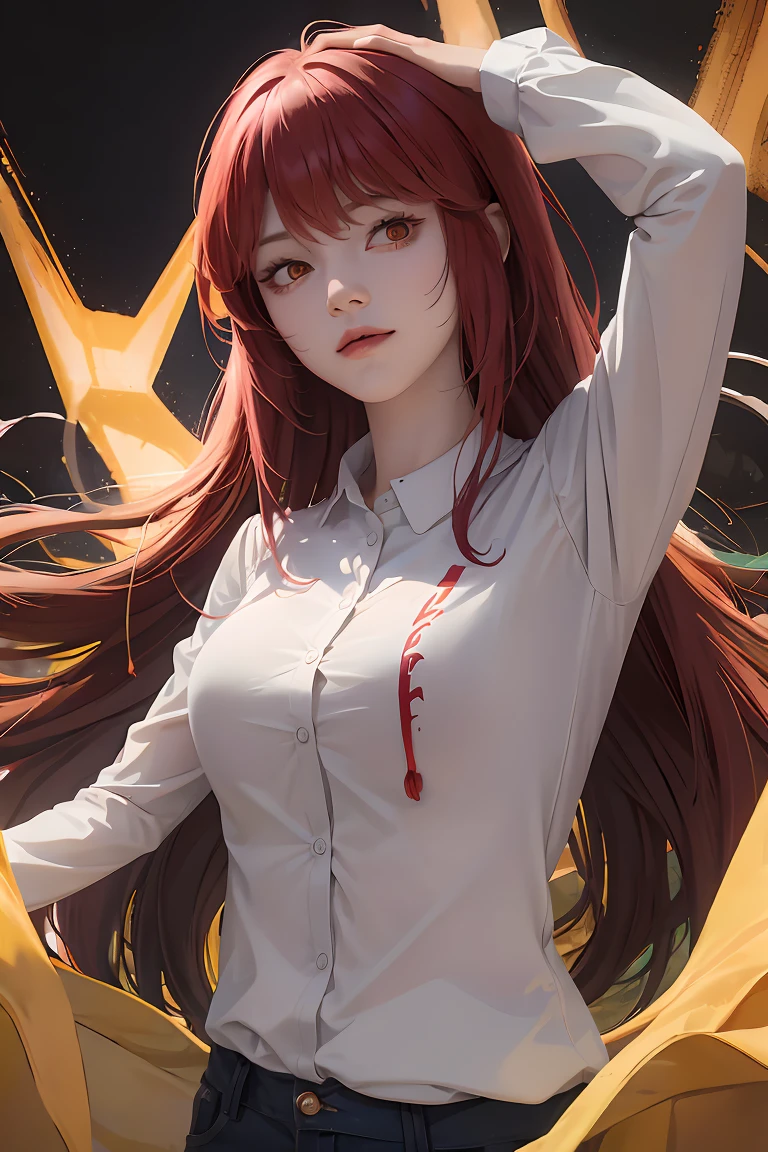 Makima, Control Demon is a woman with long reddish-brown hair, Camisa manga larga, corbata negra, pantalones negros tocando su cara con sangre, Riendo, es un personaje ficticio, perteneciente al anime Chainsaw Man. cuerpo completo, ambiente de terror oscuro, rojo, bien detallado, Horror cosmic,Ambiente nocturno, Horror cosmic,, sentado bajo la lluvia, Full Wardrobe Good Lighting, High resolution ultra detailed,