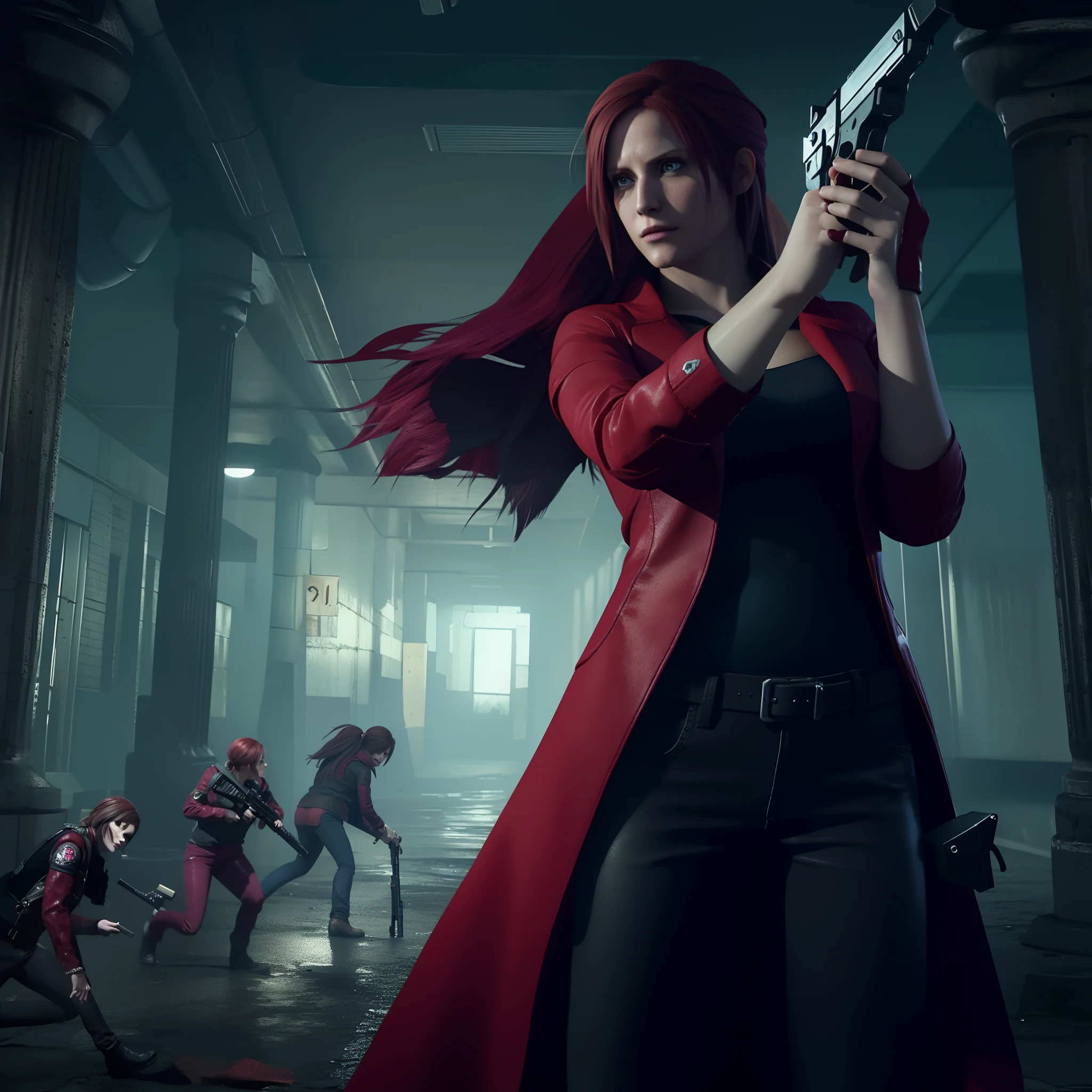 4K, HD, ((Claire Redfield 40 years old)), beautiful face, looking at viewer, very long red hair, perfect Face, black jeans, red long coat with black t-shirt, red nail polish, friendly face, Glare, holding a gun