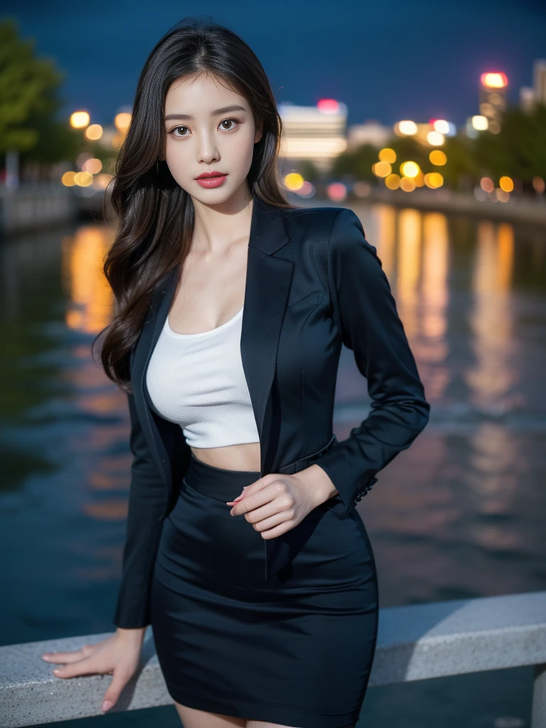 tmasterpiece，Highest image quality，super detailing，(1girll), Beautiful, amazing face and eyes, Makeup, (extremely detailed beautiful face), (The sexiest look), (Beautiful big breasts:1.1), (Best quality:1.4), (Ultra-detailed), (Extremely detailed CG unified 8K wallpaper), Highly detailed, RAW photos, Professional photography, ((Business suit)), (Tight skirt), (Open business shirt),Erotic bras， Outdoors, (Downtown, Night City, illuminations), (Night sky), depth of fields,