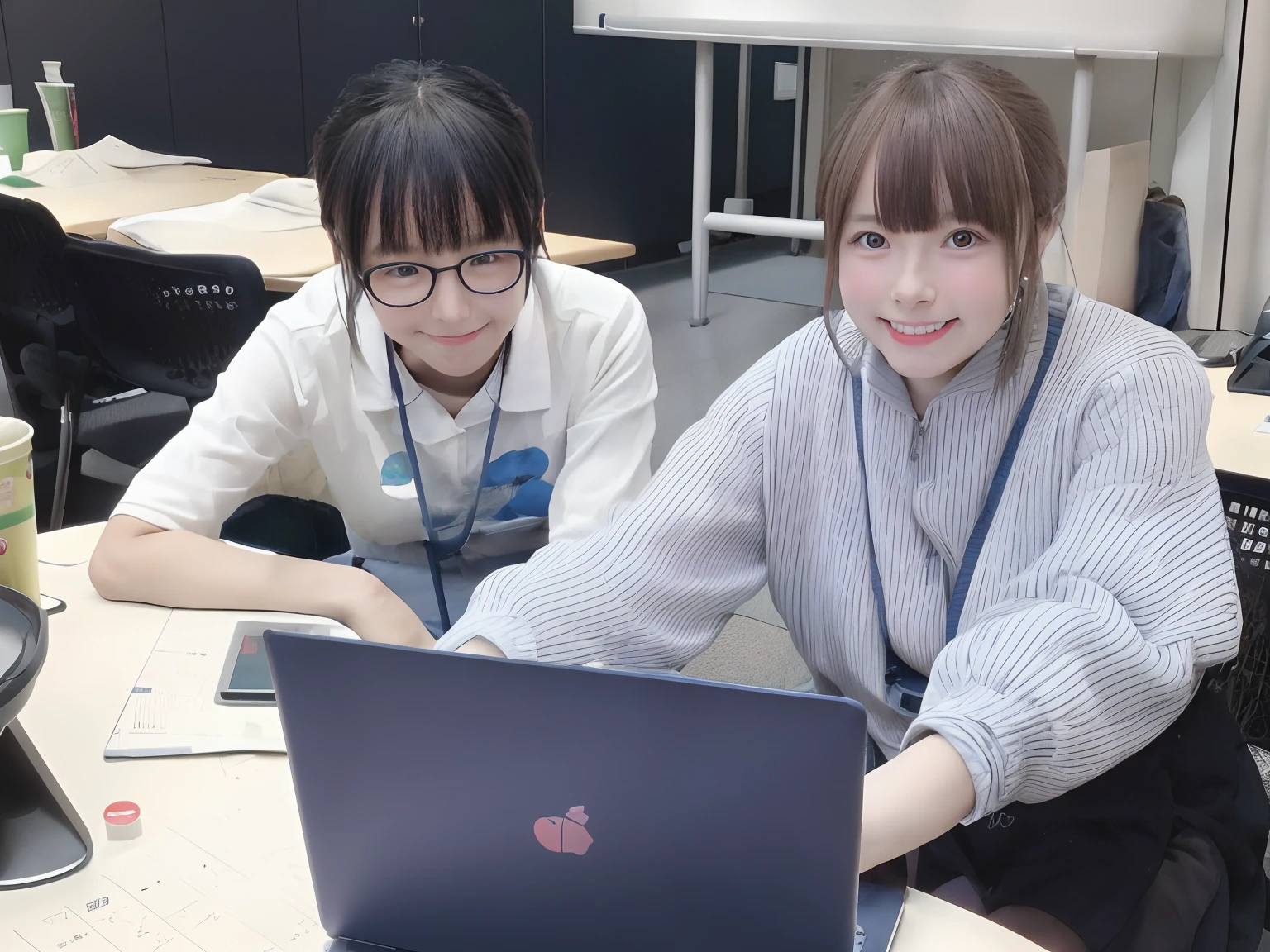 There are two people sitting at a table with a laptop, animesque, Ghibli style, A smile,Japan Classroom,Classroom,校服,animated movie scene,On the left is a woman,On the right is a man,Disney style,Typical anime figures