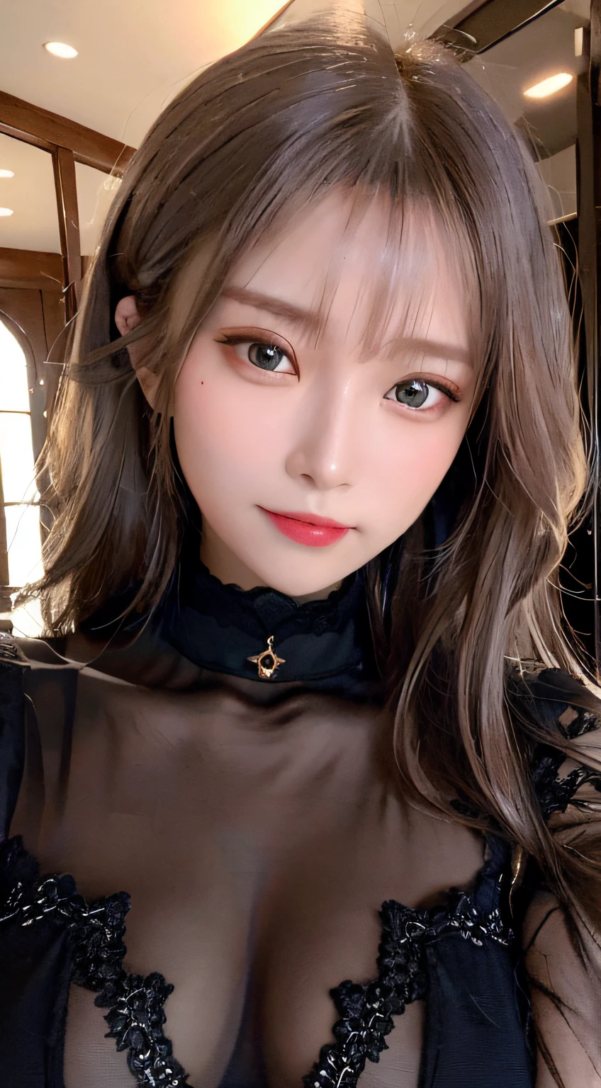 excellent、​masterpiece、Golden Eyes、Black clothe、look up to、The upper part of the body、A dark-haired、light skinned、(Aesthetic、pure beauty)、(flawless、Location Details)、Oval Face、(Shy smile)、Black Lace Bodysuit、Bedrooms、(femele、epic beauty、overhead lens)