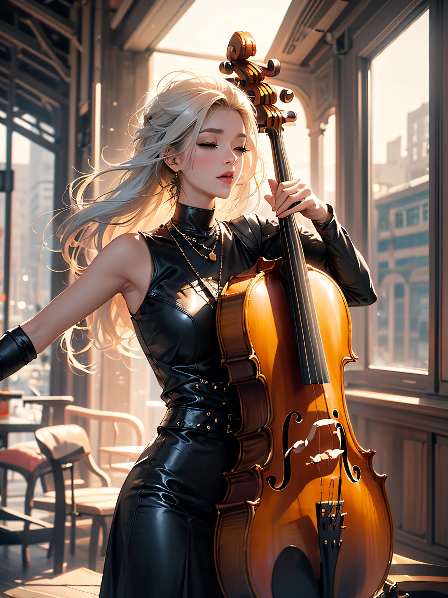 A super sexy woman with crossed legs (((playing the cello))), closed eyes with white eyelashes, enjoying the music, harmony, white hair, long sideburns, refined face, yellow lights at different heights, big ass, thick legs, { extremely detailed 16k CG unit wallpaper}, expansive landscape photography, (a low view focusing on the character), (wide open field view), (low angle shot), (high light: 1.8), (low light: 1.4), (warm light source: 1.8), complex details, (iridescent colors: 1.6), (bright lighting), (atmospheric lighting), dreamy, unique