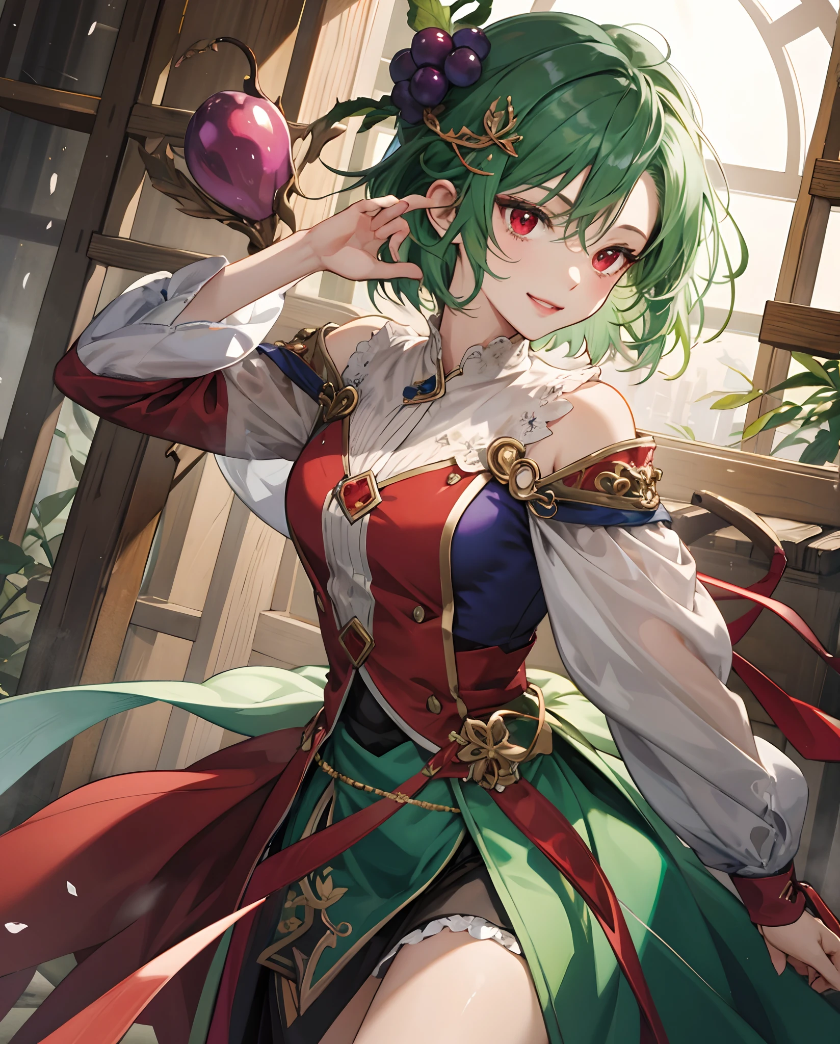 ​masterpiece、top-quality、超A high resolution、2D Beautiful Girl、animesque、teens girl、green colored hair、short-haired、Grape hair ornament、Beautiful red eyes、The clothes are also depicted in detail、Eyes are depicted in detail、The face is depicted in detail、sorcerer、soio、Gentle smile、hair adornments、animesque、illustratio