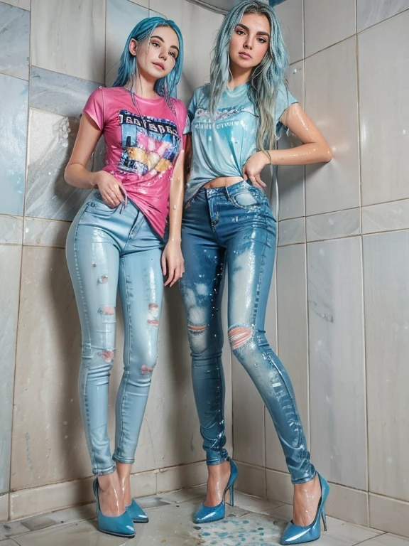 two women standing in shower in light blue jeans and t-shirts splattered with water, partially wet clothes, holding shower head, high heels, ((show heels)), gradient hair, ((light blue skinny jeans)), shiny wet patches on jeans, wet patches on t-shirts, wet hair, standing under the shower