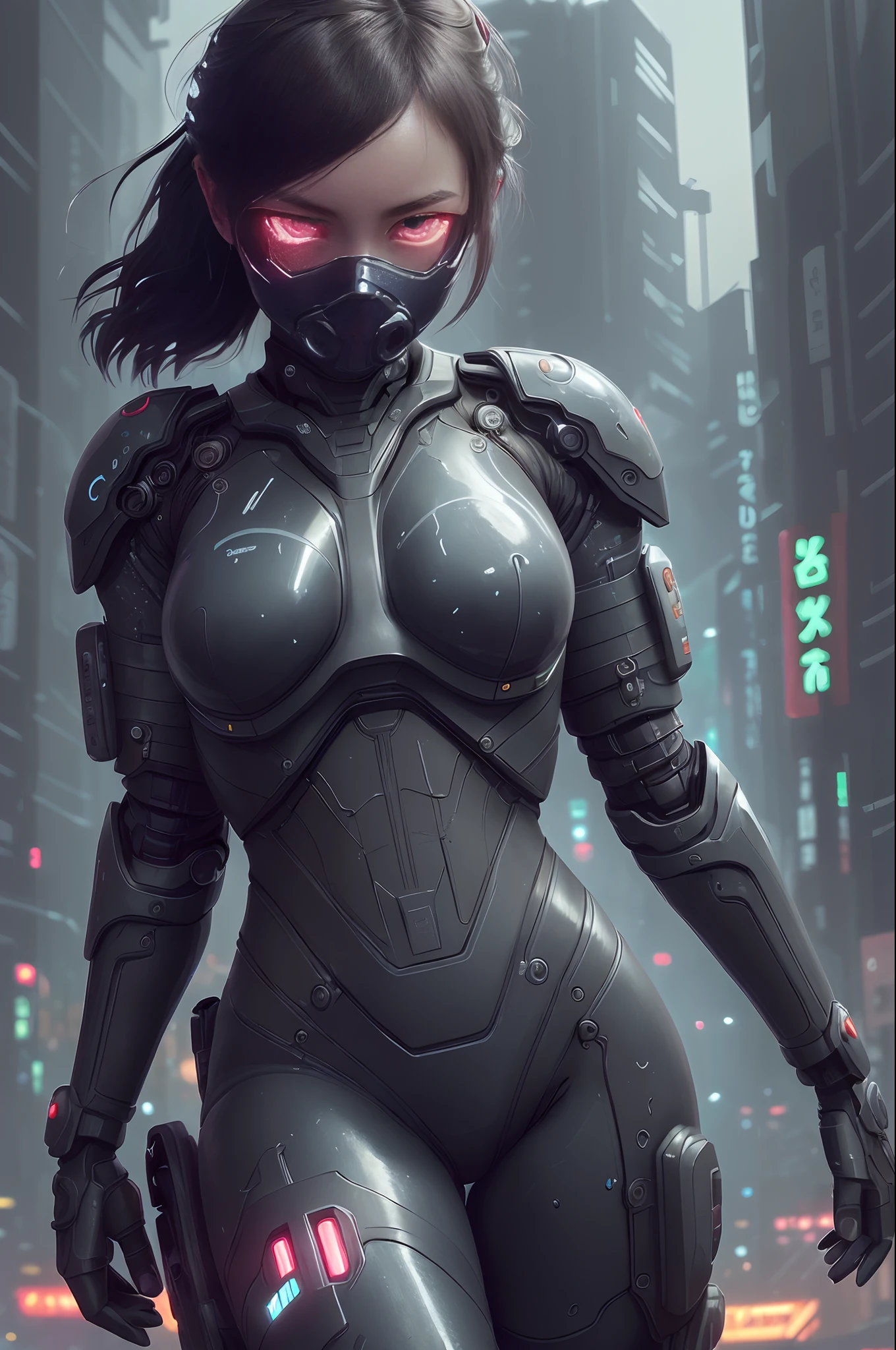 Topic Prompts "atomic heart, mechanical girl" as follows: atomic heart,mechanical girl,(((Wear metal that completely covers your face))),Shiny metal skin,Mechanical and metal body parts,Metal helmet, red glowing eyes, Huge protruding chest armor,sexy body,[methodical, surgical precision],Cyberpunk style background,science fiction art style,Bright colors,High resolution,Super detailed,realistic lighting effects,Bokeh, Squat with your legs wide apart, I can see my crotch,Fuel leaking from crotch,Shoot from the best angle, from the front