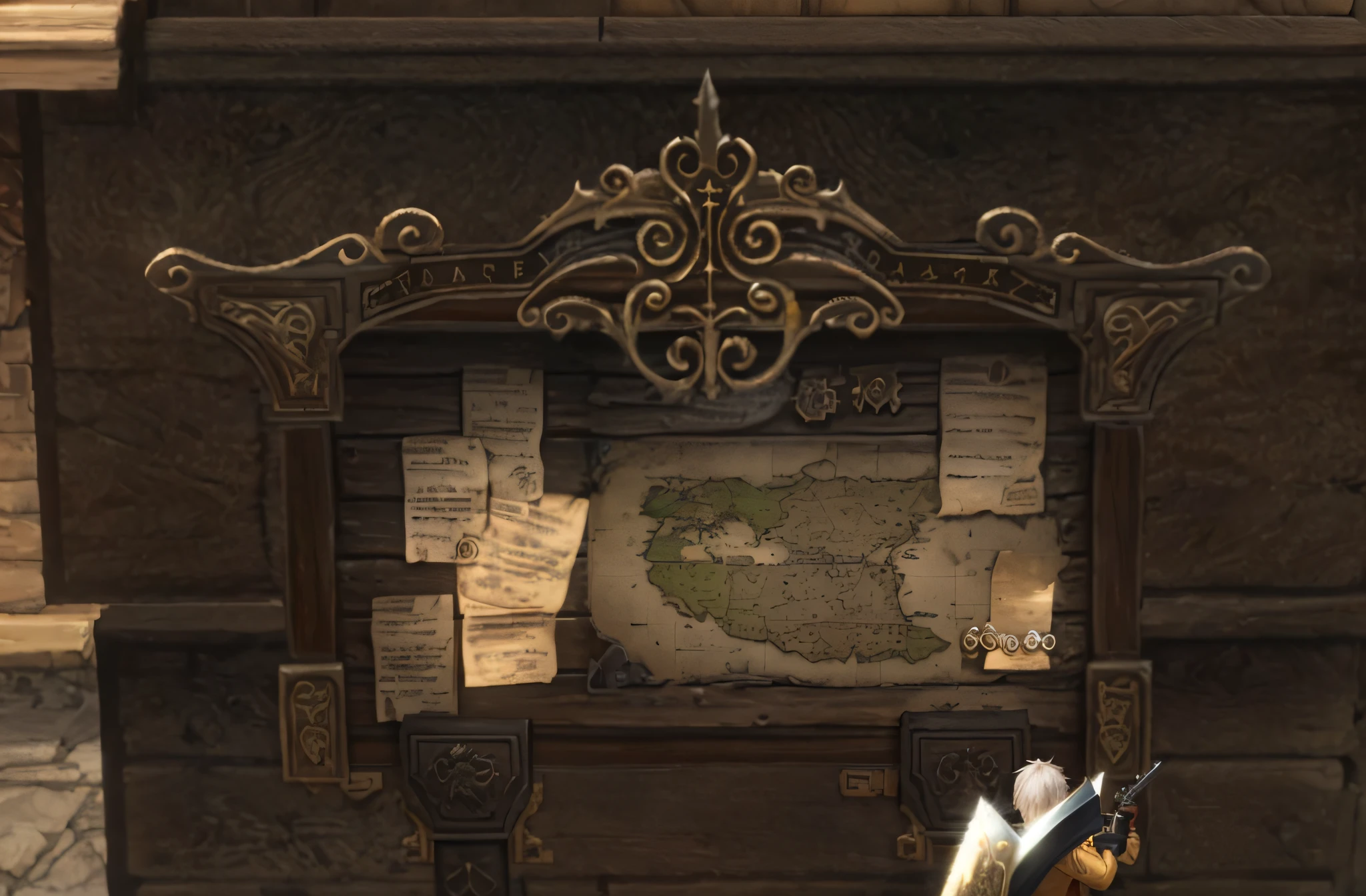 A man is standing in front of the wall, Holding Gun, from lineage 2, Grimoire Page, Ancient map, Discarded scrolls, pirate setting, Hides a large treasure chest, Looking at the Treasure Box, On a mahogany table, From NCSOFT, Steam Workshop Maps, White Card Library, Found in the Wizard's Shop, Game Map, Incredible screenshot