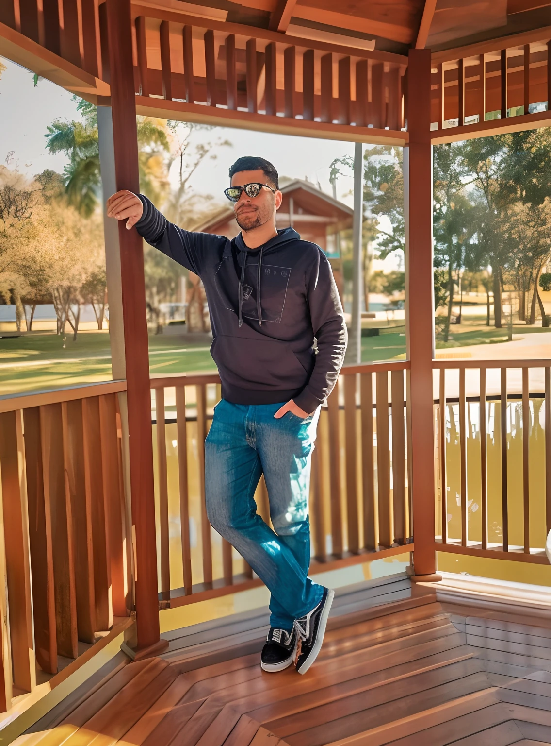 There's a man standing on a balcony , em um parque, com uma pose cool, no parque, Pose casual, Pose legal, fotografia casual, no parque em um belo dia, wearing jeans and a black hoodie, photo shoot, no Parque, Retrato no meio da foto, em um parque da cidade, ficou do lado de fora de uma cabana de madeira