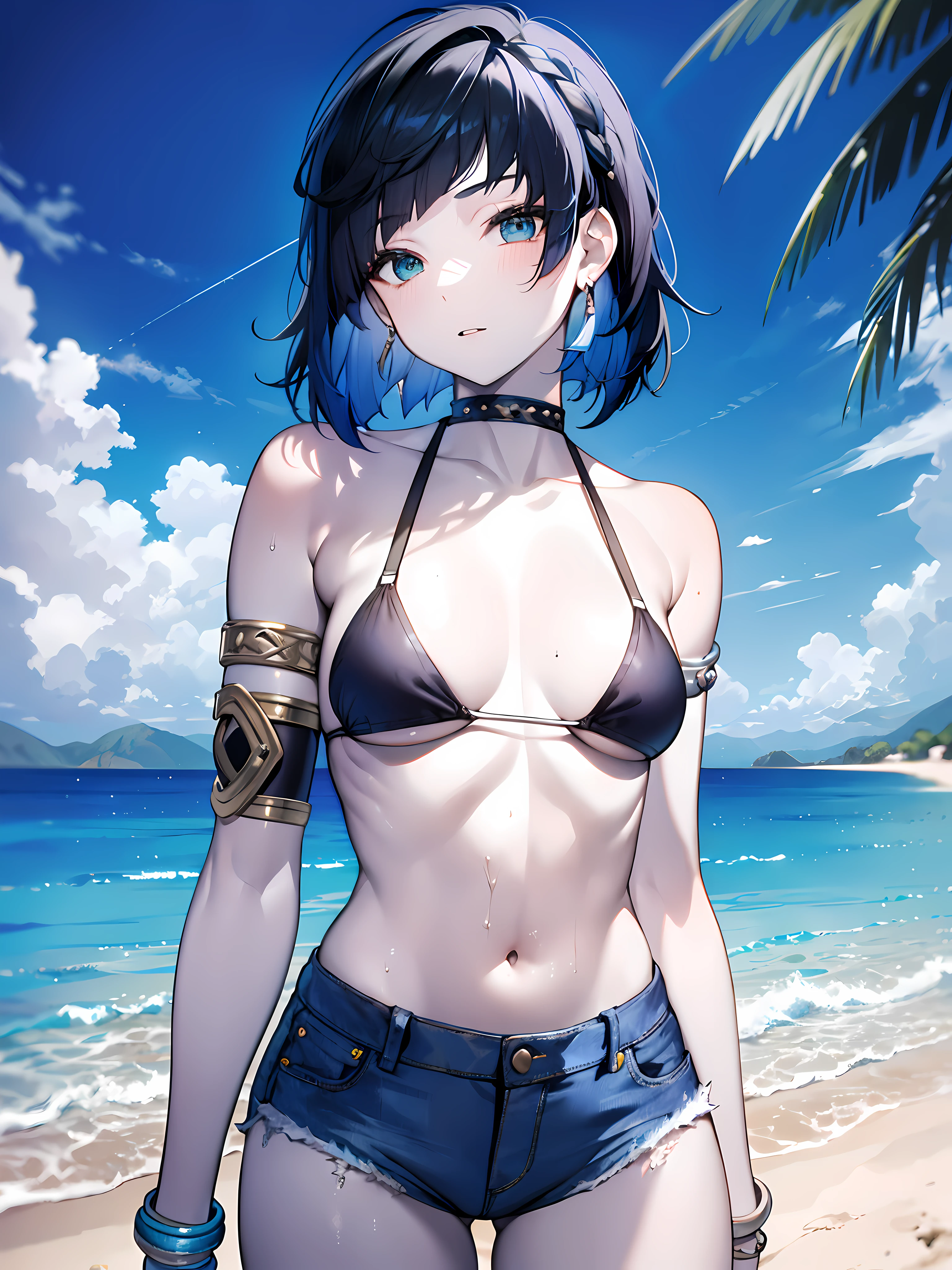 (masterpiece:1.2), (pale skin:1.2), (solo:1.2), (female:1.1), (emphasis lines:1.3), short hair, gradient hair, blue hair, black hair, collarbone, microbikini, (denim shorts:1.2), (armbands:1.3), bracelets, outdoors, bare shoulders, (armlet:1.2), hip bones, navel