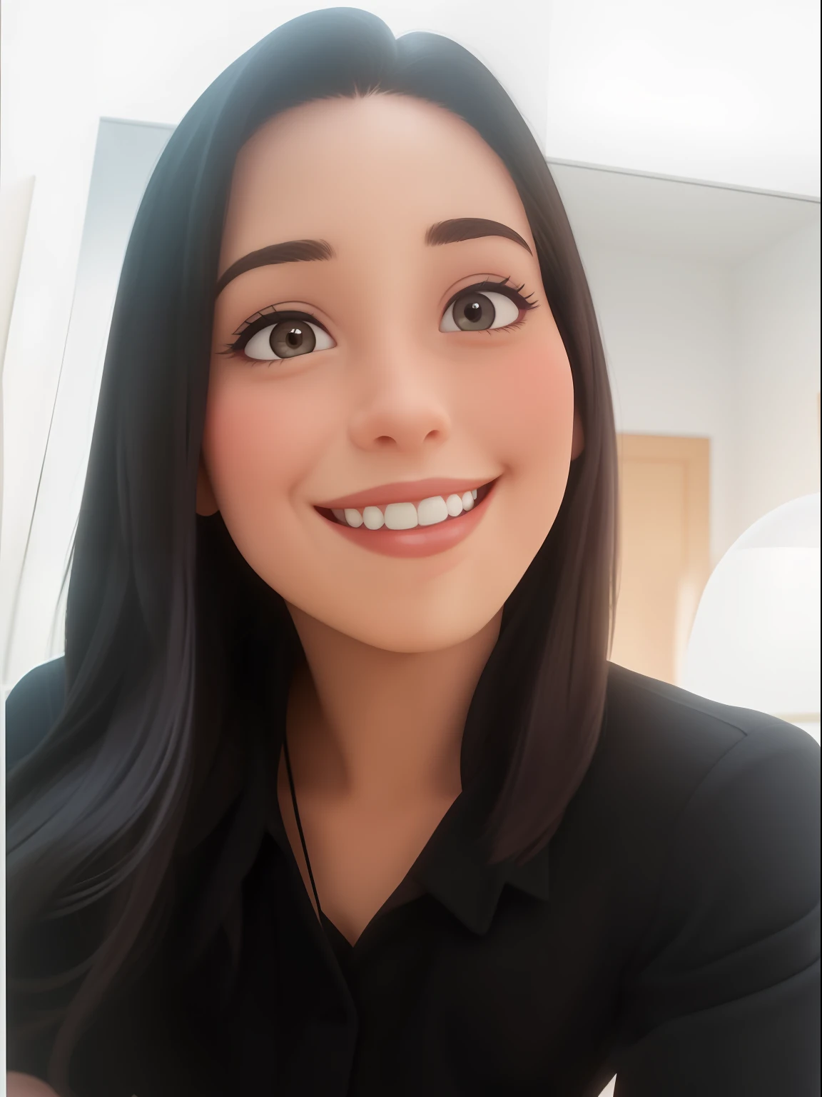 Create a Disney Pixar-style image of a dark-haired woman wearing a black shirt and smiling broadly. She appears to be posing for a photo, possibly in the mirror, while looking directly into the camera. The woman's smile is warm and inviting, and her overall appearance is pleasant and approachable.