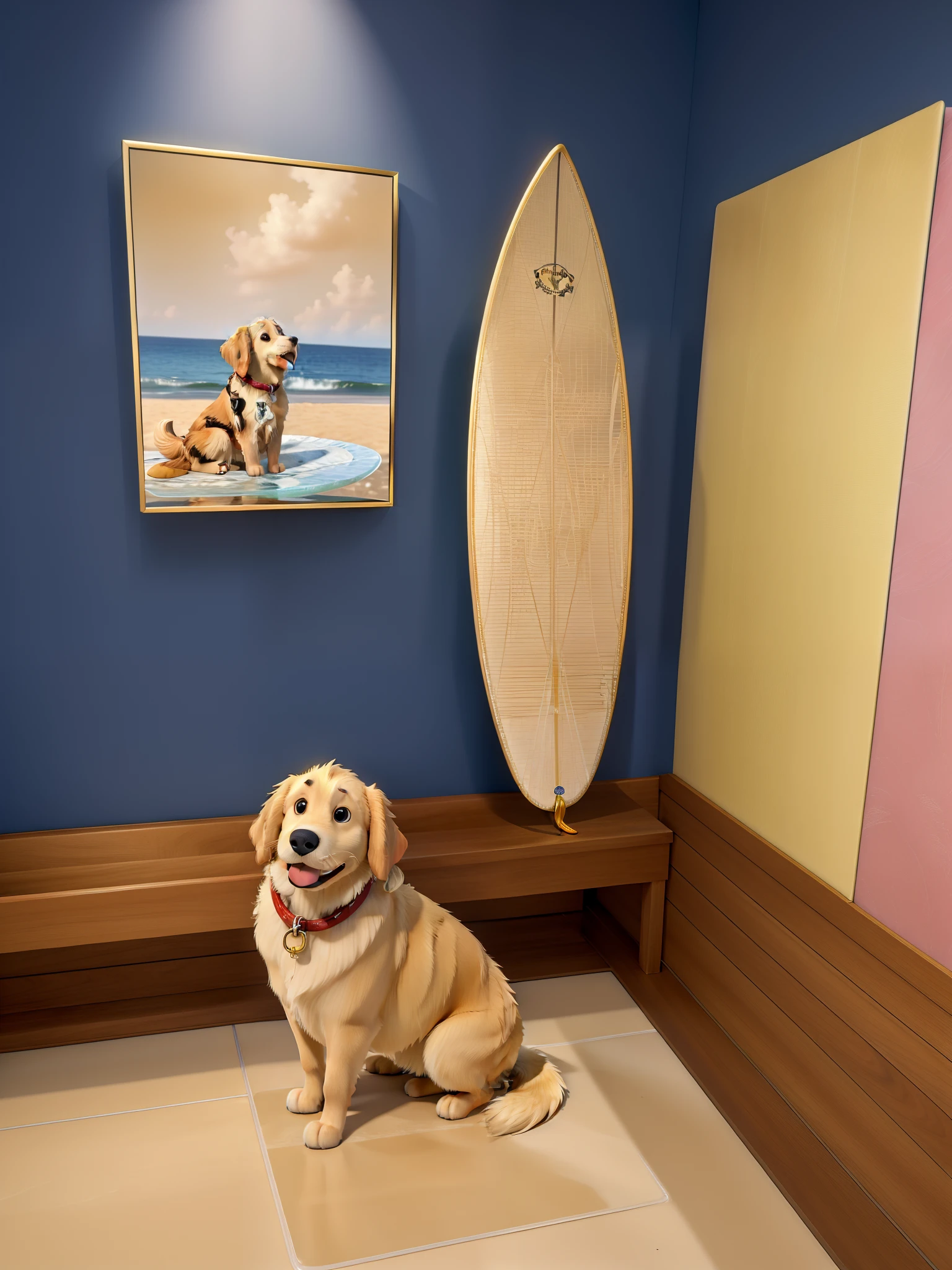 masterpiece, best quality, a golden retriever female sitting in front of a mirrored surfboard