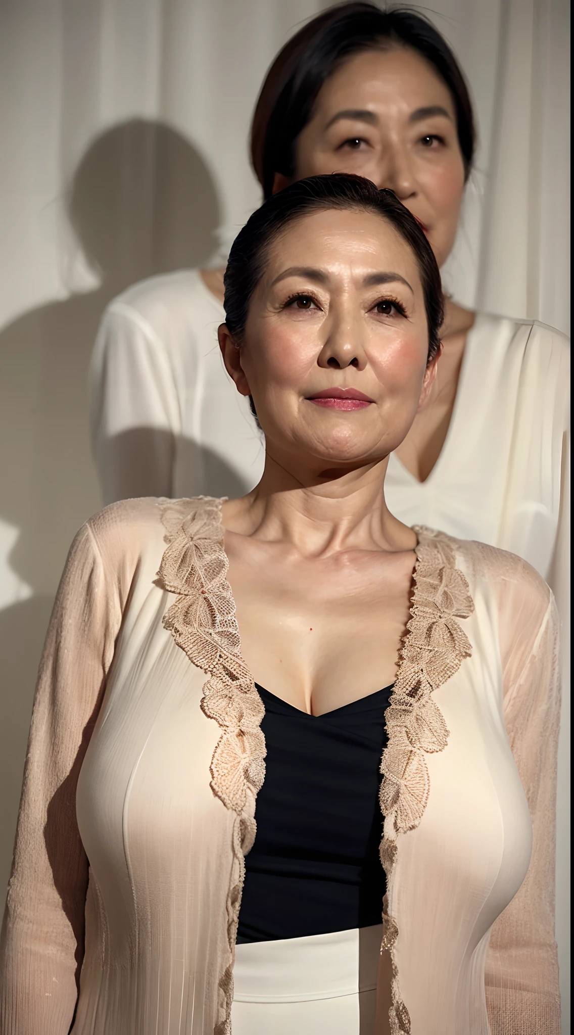 Remove Background, gravure, from the chest up, masutepiece, Best Quality, Ultra-detailed, Photorealistic, super detailed skin, Perfect Anatomy, (1 japanese mature woman), (Solo), 80years old, Large breasts, Mature Woman Politician, glamor, A sexy, Chromo-white skin, Looking at Viewer