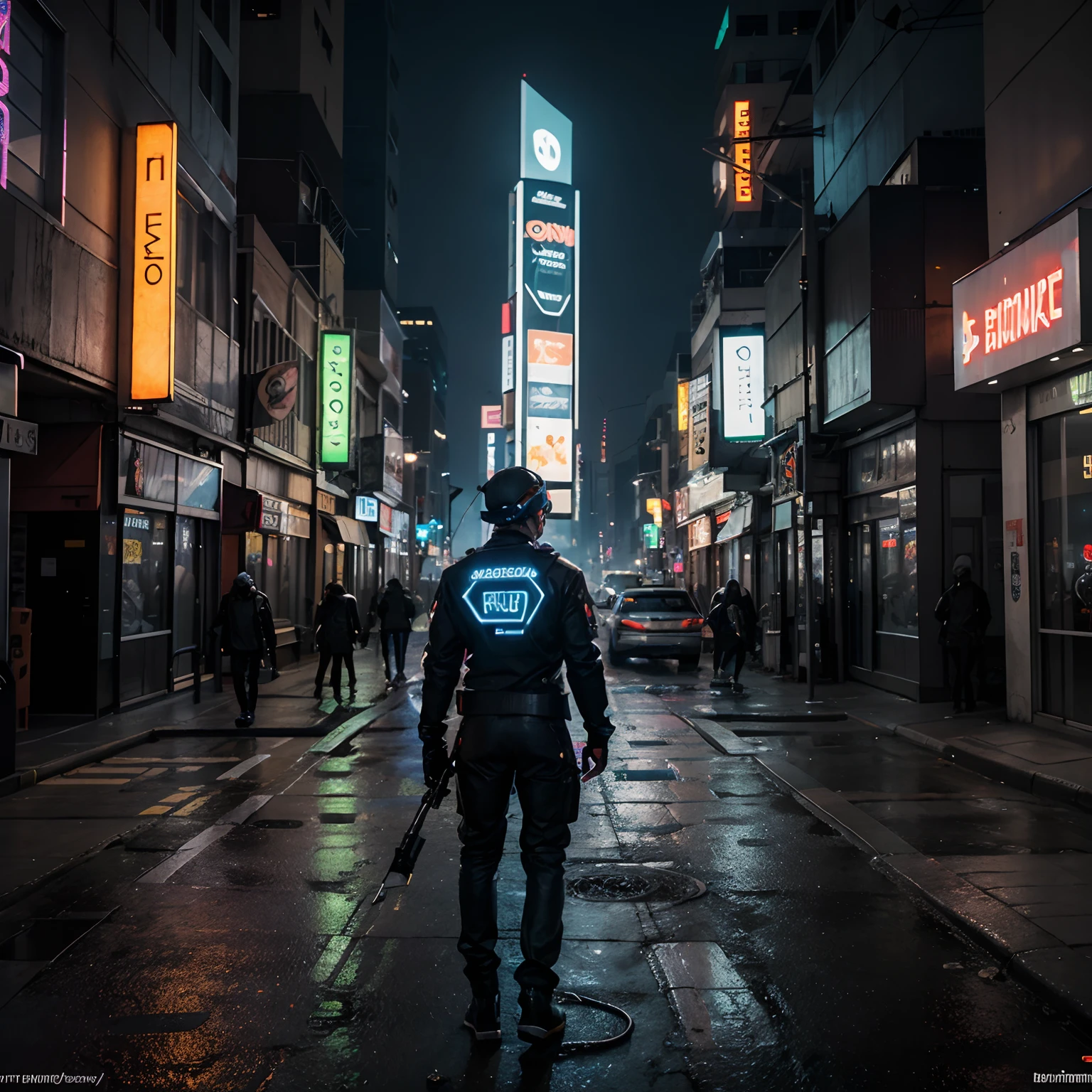 Homem cyberpunk, alta resolução, paisagem urbana ultra detalhada e iluminada por neon, horizonte futurista, ruas movimentadas, towering skyscrapers, carros voadores, Holographic billboards, noite chuvosa, cyber implants, realidade aumentada, moda cyberpunk brilhante, urban decay, becos escuros, reflexos no pavimento molhado, dystopian atmosphere, tecnologia futurista, neon signs, Gritty Cyberpunk Aesthetic, Futuristic weapons, megacorporations, hackers e codificadores, Underground Cyber Clinics, Advanced Robotics, Virtual Reality Simulations, hackers rebeldes lutando contra o sistema, Cyber enhancements, Dystopian Government Surveillance, casas noturnas iluminadas por neon, jogos de realidade virtual, sombras e luzes contrastantes, smoky alleys, visores brilhantes, fluxos de dados, artificial intelligence, Cyber Humans, arquitetura futurista, ambiente sombrio e temperamental, Technologically advanced weaponry, ambiente sombrio e encharcado de chuva