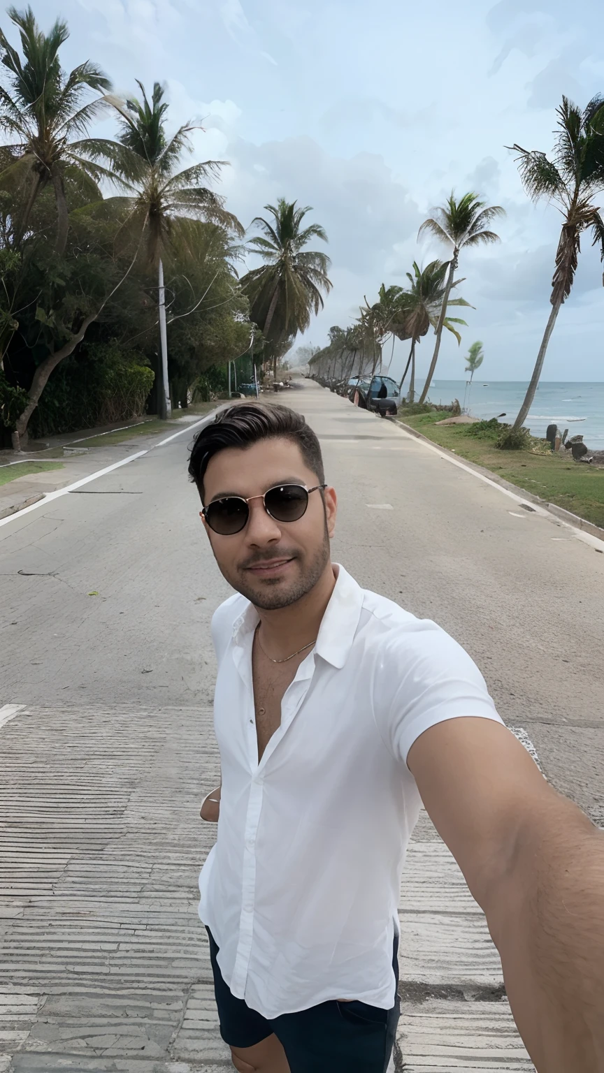 Foto numa rua cheia de coqueiros e um mar na lateral