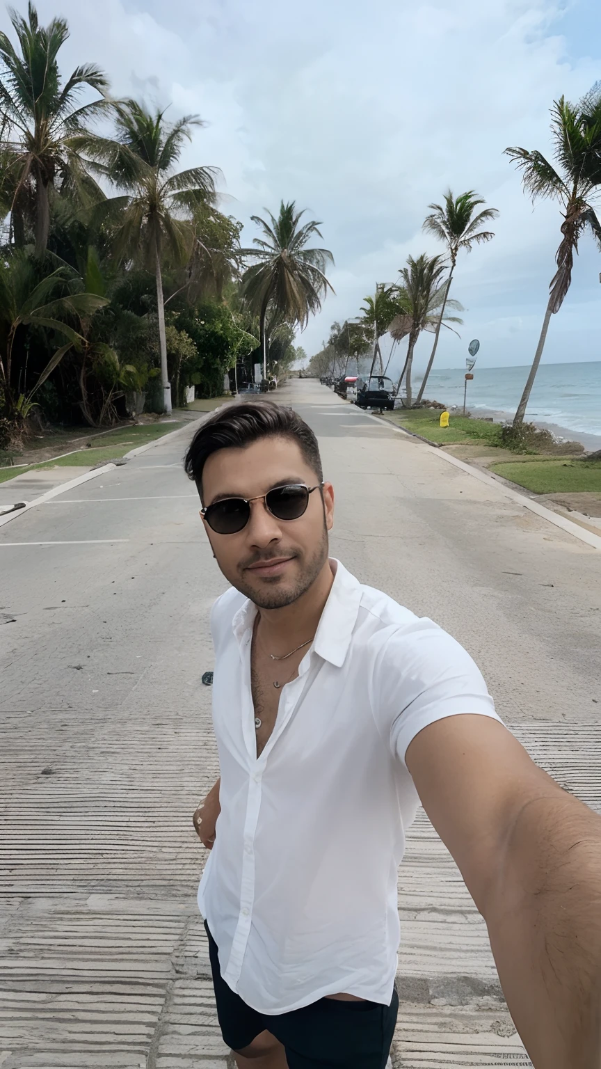 Foto numa rua cheia de coqueiros e um mar na lateral