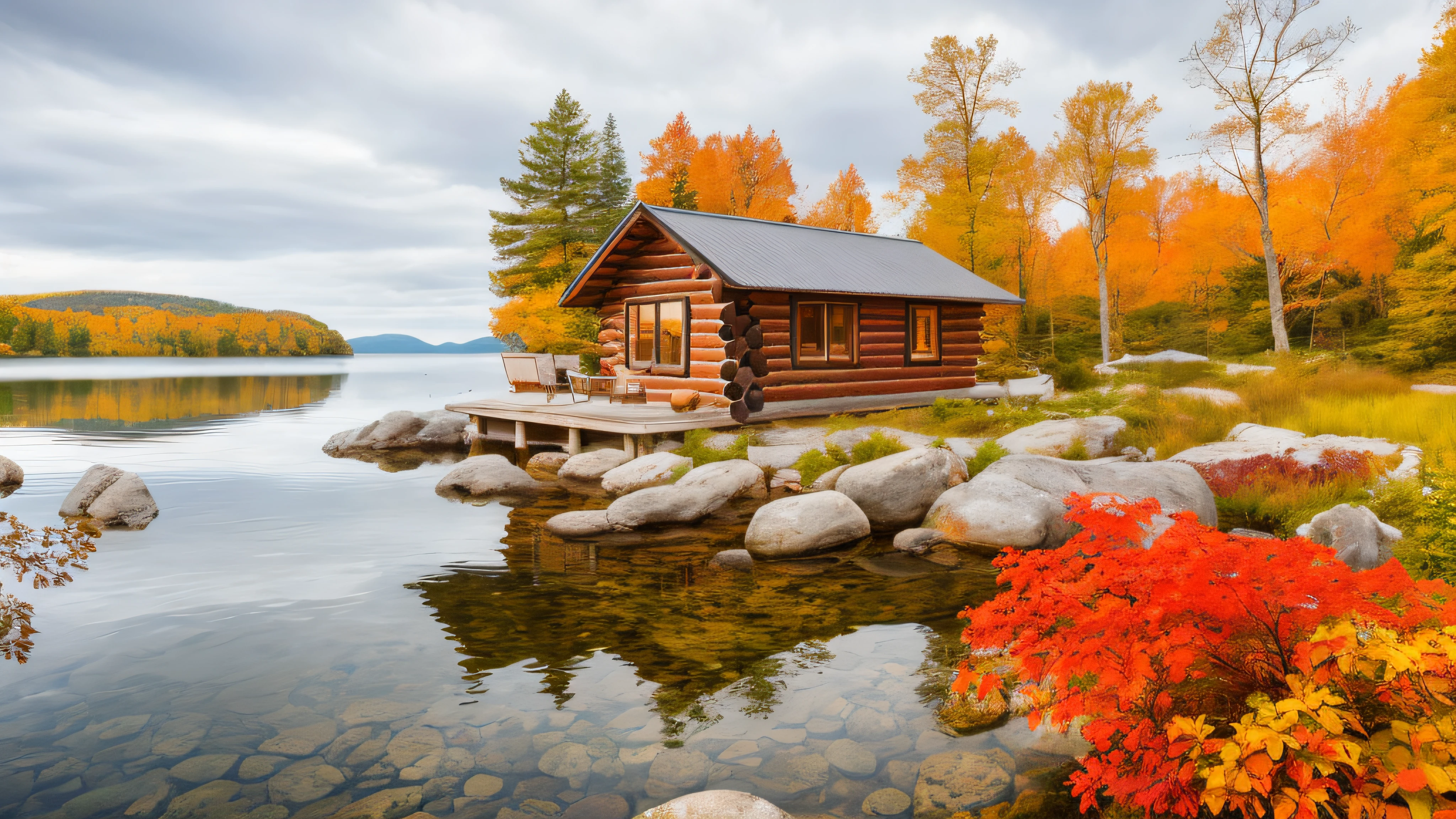 there is a small cabin sitting on a rock in the water, idyllic cottage, lake house, wooden cottage, cabin, autumn tranquility, cottage in the forest, tranquil scene, swedish house, photorealistic landscape, cottage, log cabin, rustic stone cabin in horizon, peaceful landscape, nordic landscape, vivid landscape, vibrant autumn colors, autumn colors, realistic landscape, beautiful serene landscape