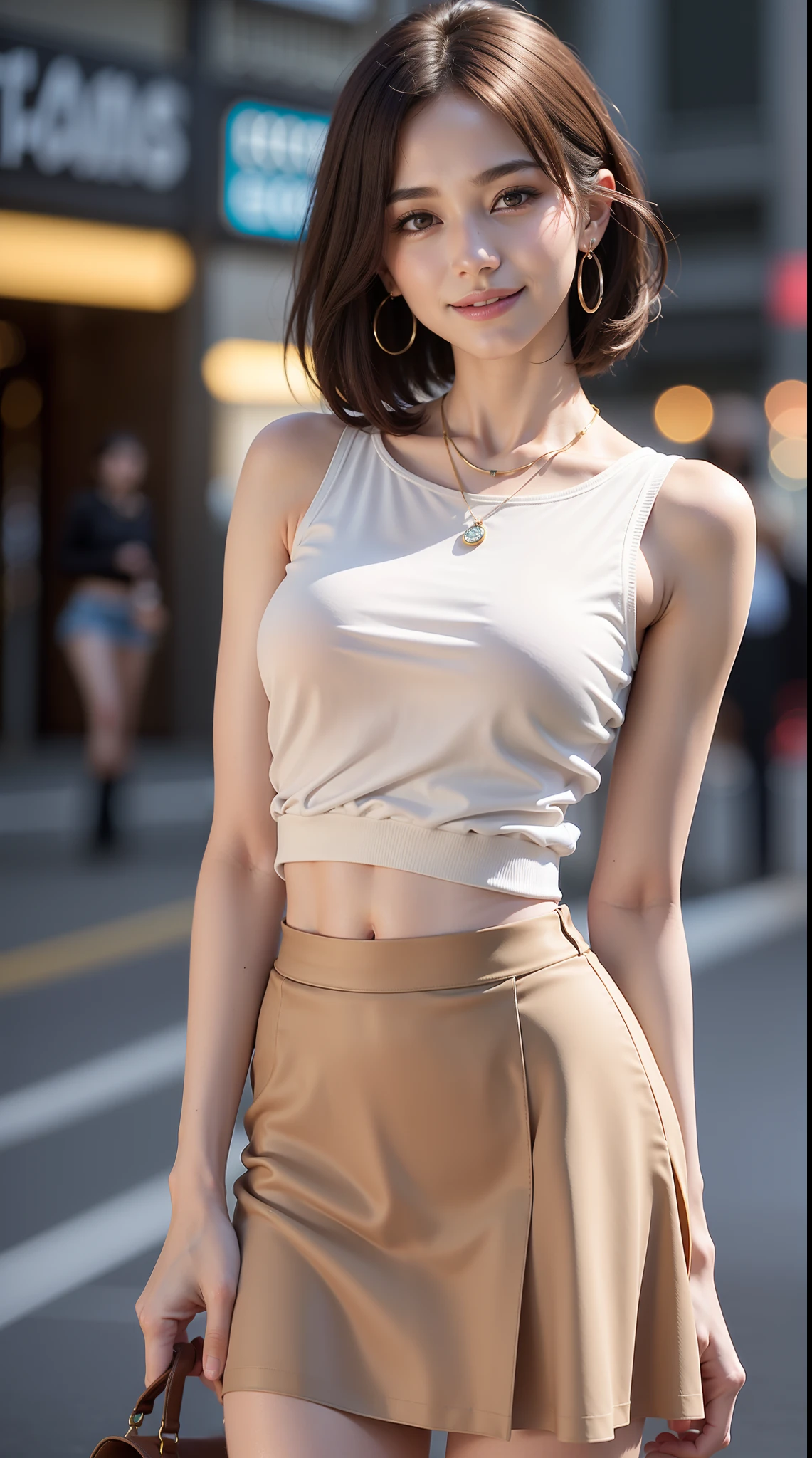 8K, Yes, Masterpiece, RAW photo, Best quality, Photorealistic, Extremely detailed CG unifies 8K wallpapers, Depth of field, Cinematic light, Lens flare, Ray tracing, (Extremely beautiful face, Beautiful lips, Beautiful eyes), intricate detail face, ((ultra detailed skin)) 1girll, In the dark, deepshadow, Pretty Korean girl, Kpop idol, 1 girl, (Very slim and slender muscular body:1.3), ((view the viewer)),(Big smile:1.3), (Fashion night, Dark night, (neon lights sign), (Blurred background), Fashion Street Night),(No one is in the background:1.3), Beautiful earrings, bangle, necklace, Pantyhose, Clear eyes, (Pale skin), (Big eyes), Face forward, ((upperbody shots)), (view the viewer:1.3) open breast, Very slim, Medium breasts, see through, ((camel-toe)), (Silk shirt), (tiedshirt), Ultra-realistic, Gaze towards the viewer, Ultra mini skirt、Very short skirt、Ultra mini skirt,Long slit at the waist、Ultra mini skirt,Long slit at the waist, (A high resolution), (8K), (The is very detailed), (tmasterpiece), (Brown hair, short-hair), (Woman in red short sleeveless sweater and very short skirt、show navel), (Slim body)